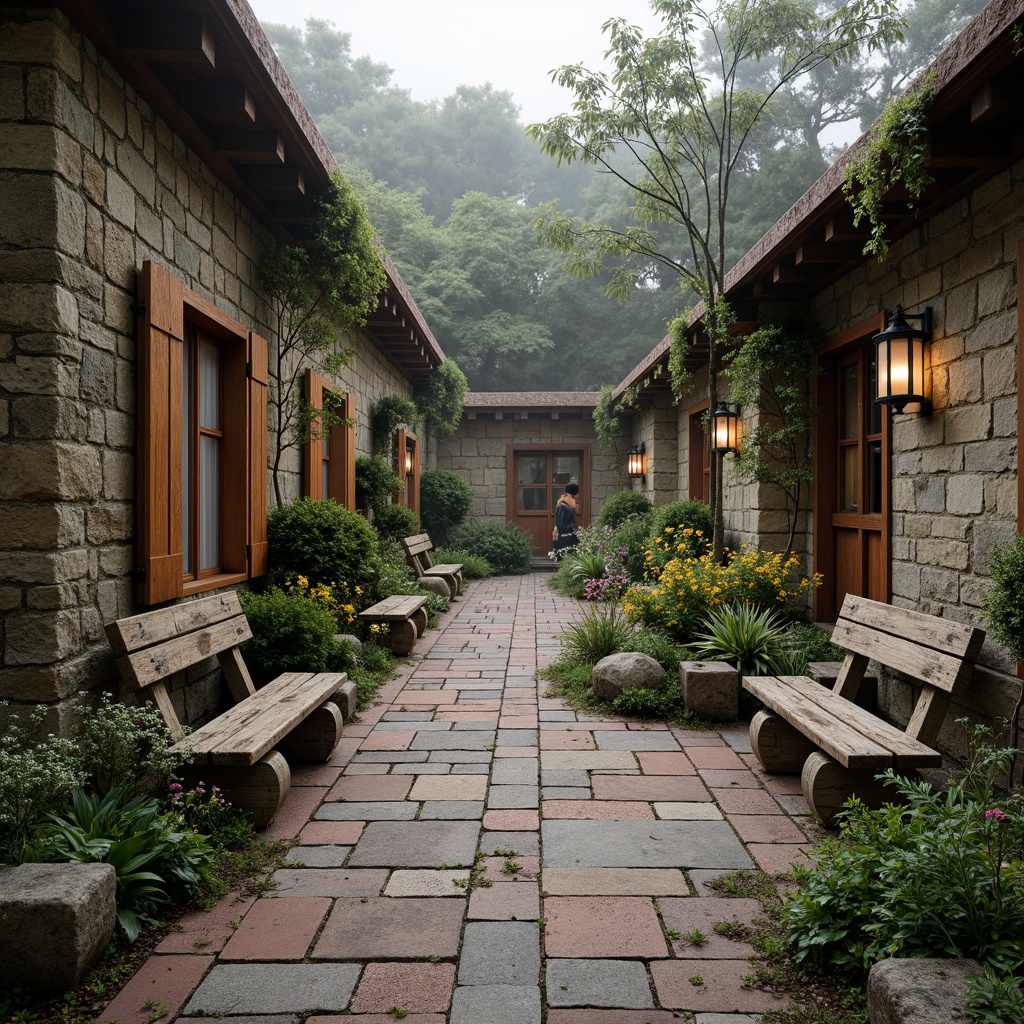 Prompt: Weathered stone walls, moss-covered roofs, rustic wooden accents, distressed metal elements, earthy tone color palette, natural stone flooring, rough-hewn wood benches, vintage lanterns, faded flower patterns, worn brick pathways, overgrown gardens, misty atmosphere, soft diffused lighting, shallow depth of field, 1/1 composition, panoramic view, realistic textures, ambient occlusion.