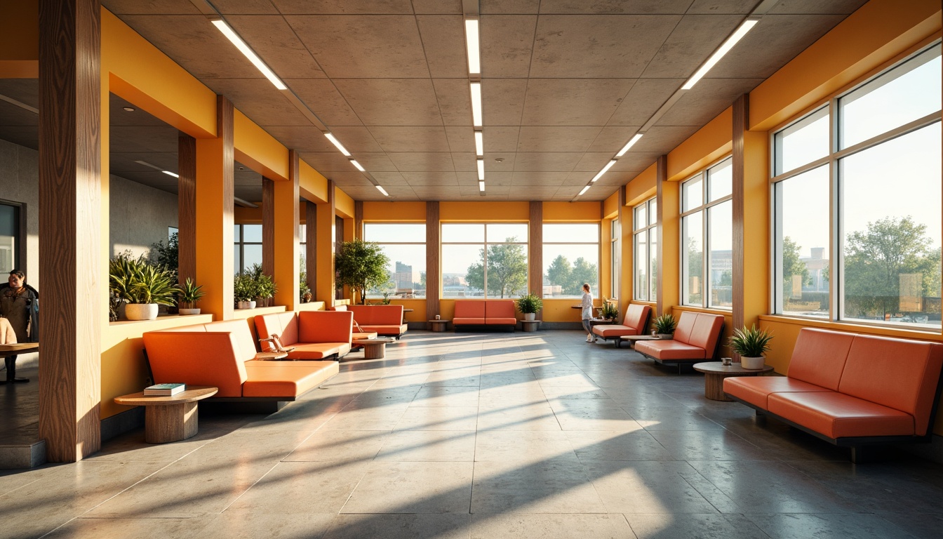 Prompt: Retro-futuristic bus station, bold color blocking, pastel hues, earthy tones, natural materials, wooden accents, geometric patterns, sleek lines, minimalist design, abundant natural light, warm atmospheric lighting, shallow depth of field, 3/4 composition, panoramic view, realistic textures, ambient occlusion.