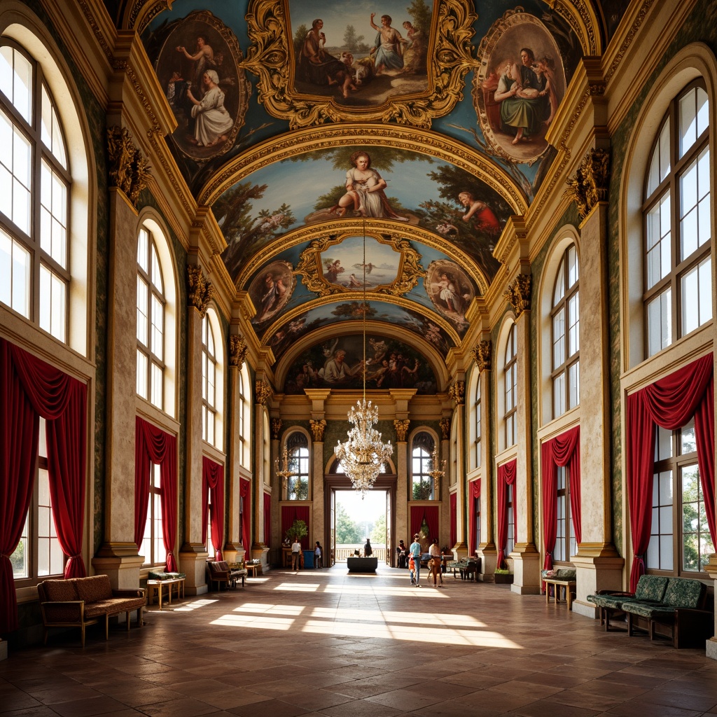 Prompt: Vibrant frescoes, ornate details, Baroque architecture, grand ceilings, lavish decorations, intricate patterns, soft warm lighting, shallow depth of field, 3/4 composition, panoramic view, realistic textures, ambient occlusion, Renaissance-inspired designs, classical columns, ornamental moldings, gilded accents, rich colors, luxurious fabrics, opulent chandeliers, elegant furnishings.