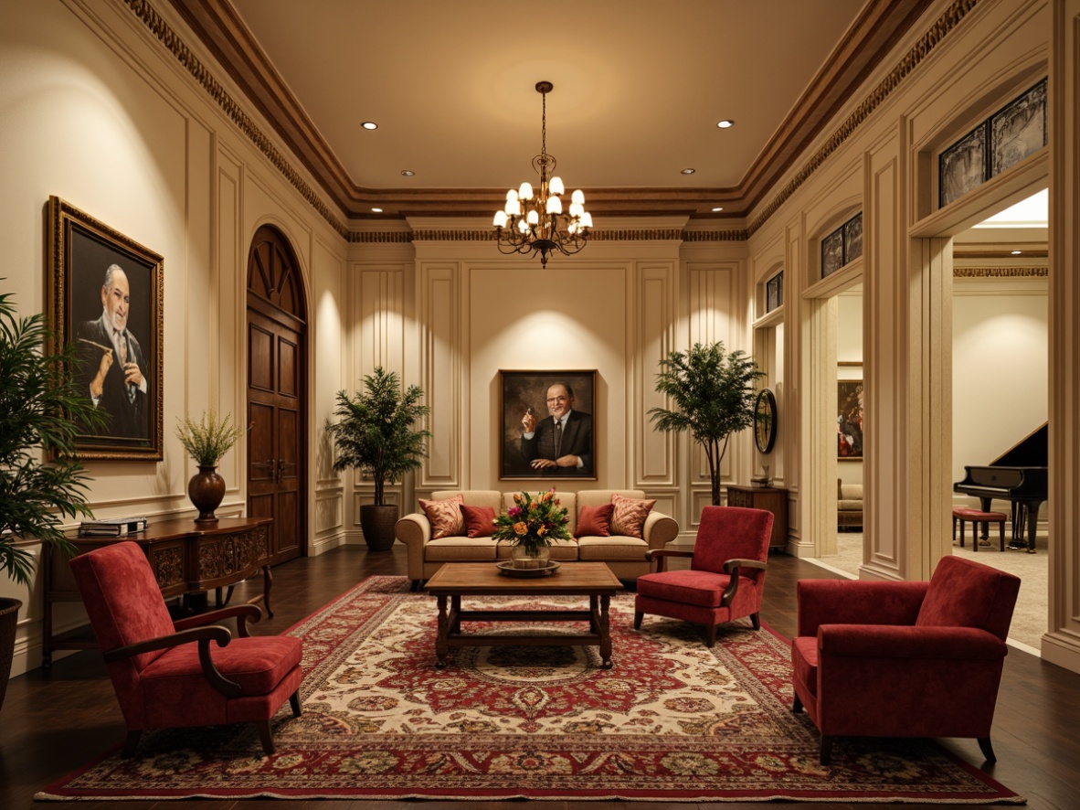 Prompt: Elegant basement, ornate chandeliers, rich wood paneling, cream-colored walls, velvet sofas, carved wooden armchairs, luxurious rugs, intricate moldings, grand pianos, symmetrical compositions, warm golden lighting, subtle shadows, Renaissance-inspired motifs, refined upholstery fabrics, classic column legs, sophisticated coffee tables, ornamental vases, lavish drapery, regal color palette.