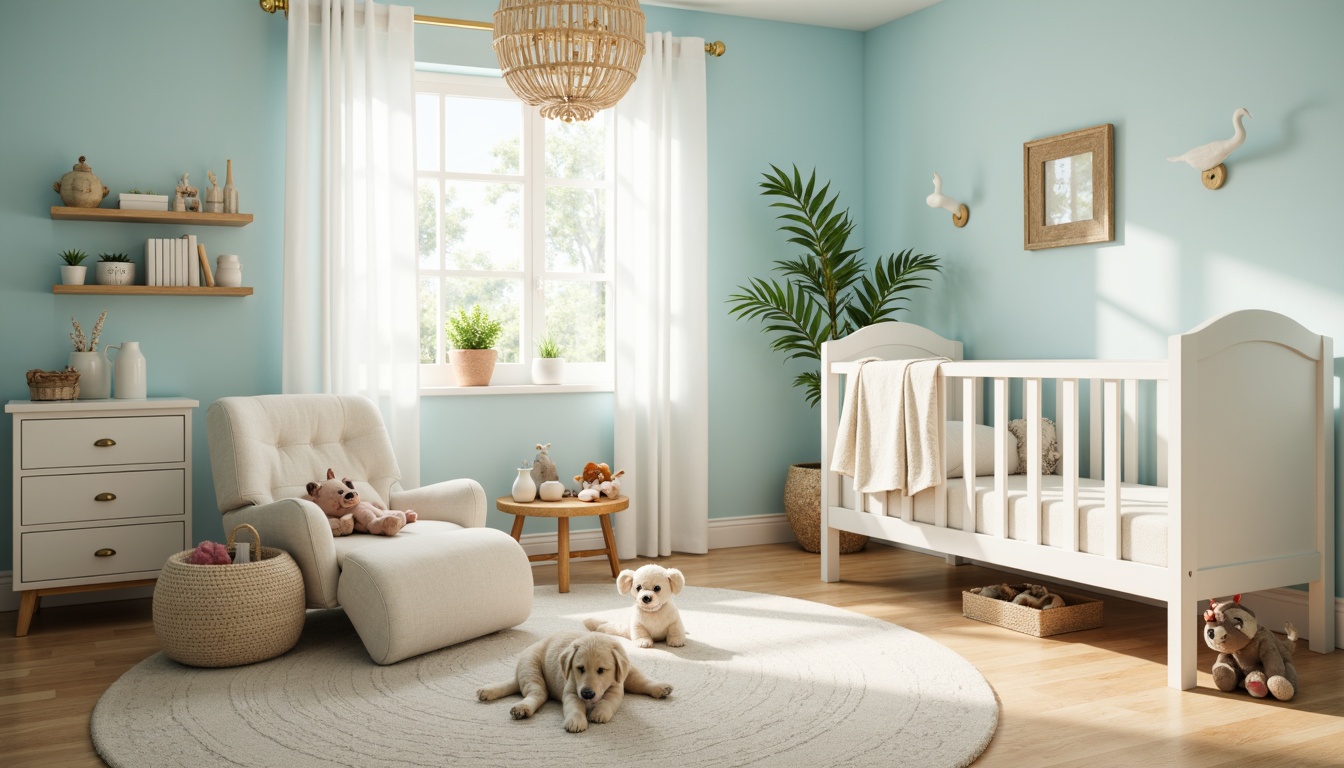 Prompt: Soft baby blue walls, creamy white furniture, gentle rounded edges, plush toys, delicate lace curtains, warm beige carpets, natural wood accents, serene nursery atmosphere, morning sunlight, soft focus, shallow depth of field, 1/1 composition, pastel color scheme, whimsical patterns, gentle texture overlays.