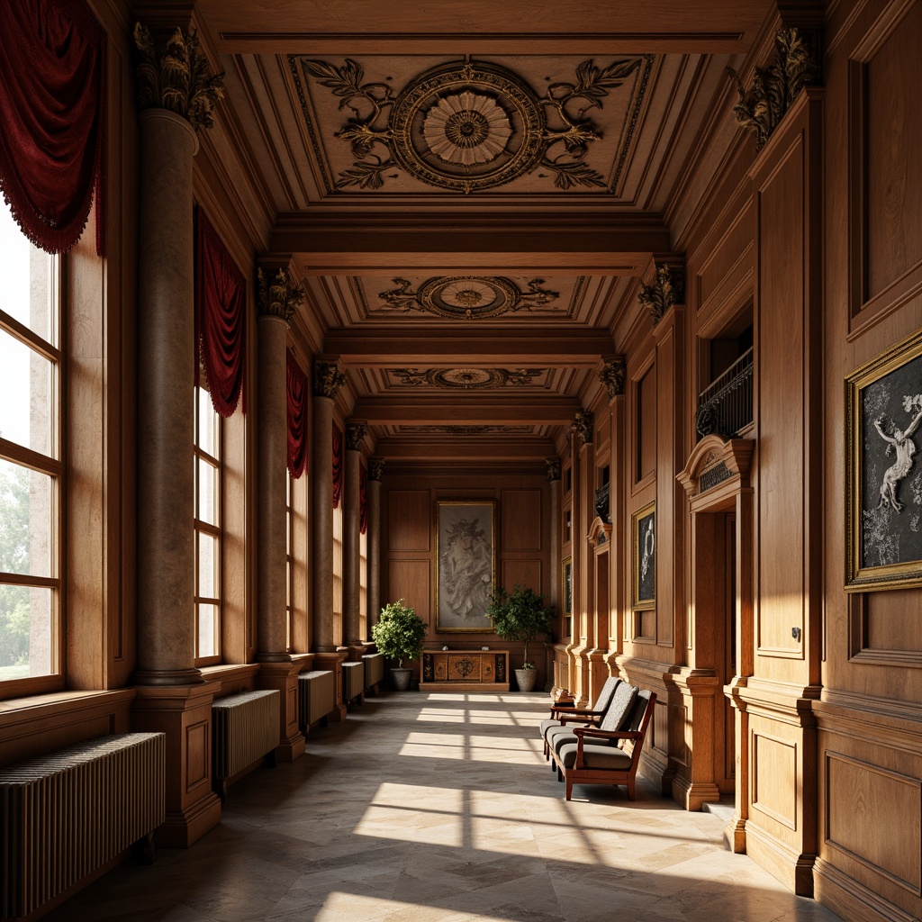 Prompt: Rich wooden paneling, ornate moldings, vintage distressed textures, earthy tone colors, natural stone accents, decorative ceiling medallions, luxurious velvet fabrics, intricate plasterwork, classic column details, warm golden lighting, subtle shadows, shallow depth of field, 1/1 composition, realistic textures, ambient occlusion.