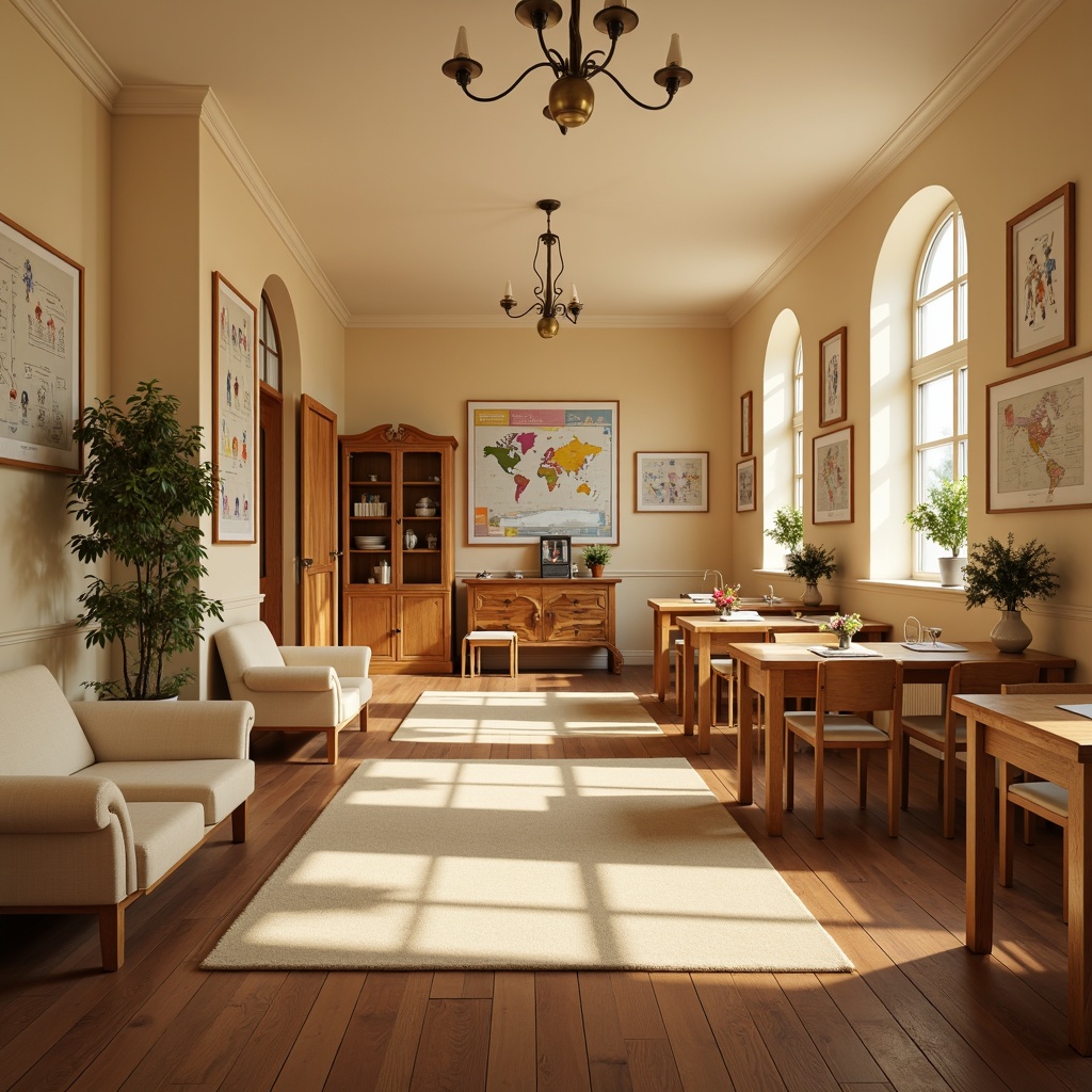 Prompt: Traditional kindergarten classroom, warm beige walls, wooden flooring, classic educational posters, vintage-inspired desks, chairs with curved legs, ornate wooden cabinets, soft cream-colored sofas, plush area rugs, natural wood tables, elegant chandeliers, rounded door frames, soft pastel colors, gentle morning light, shallow depth of field, 1/1 composition, warm and inviting atmosphere.