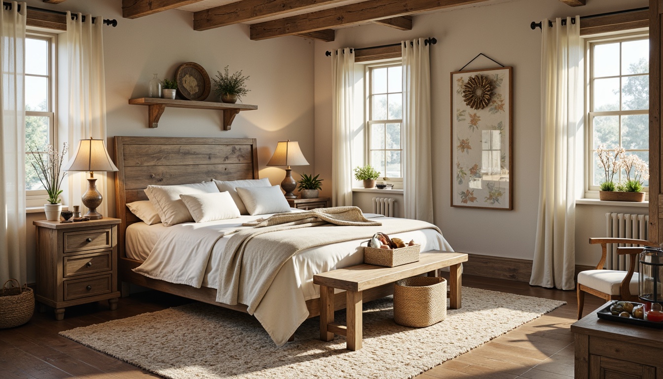 Prompt: Rustic farmhouse bedroom, vintage wooden furniture, distressed finishes, soft pastel colors, plush area rugs, natural linen fabrics, woven baskets, antique metal accents, floral patterns, candles and lanterns, warm cozy ambiance, morning sunlight, 1/1 composition, shallow depth of field, realistic textures.