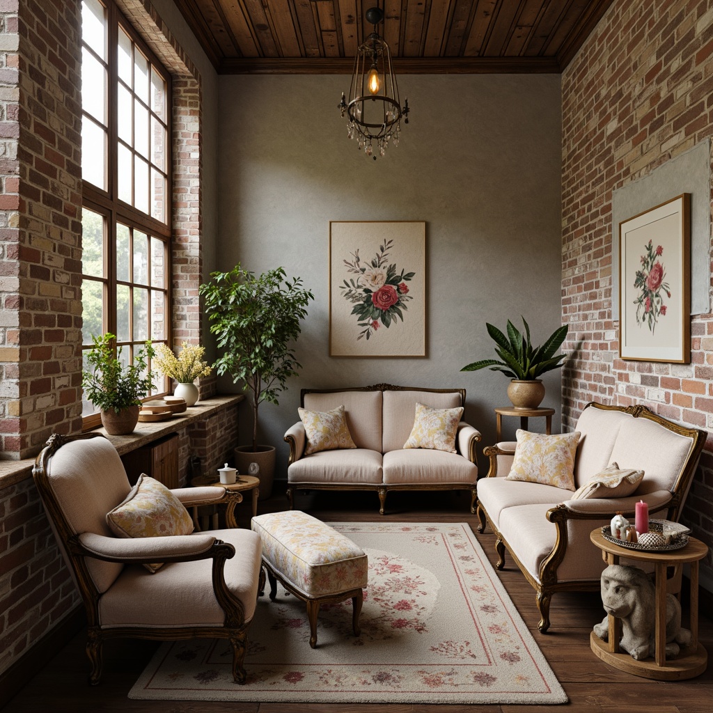 Prompt: Distressed finishes, vintage decor, soft pastel colors, ornate furniture, floral patterns, lace textures, rustic wood accents, worn brick walls, antique fixtures, cozy nooks, plush area rugs, natural fiber upholstery, warm candlelight, shallow depth of field, 1/2 composition, intimate atmosphere, romantic ambiance.