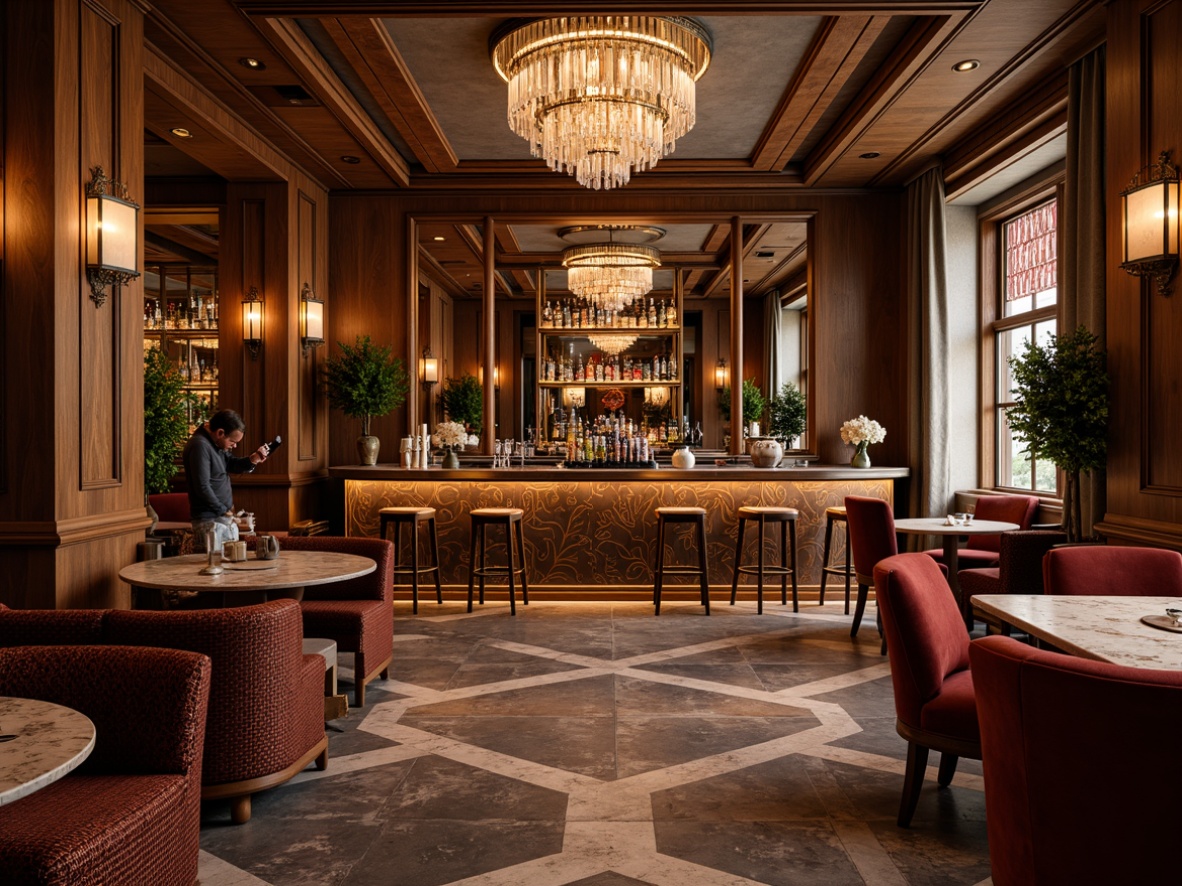 Prompt: Luxurious art deco home bar, rich wood grain, polished chrome accents, velvet upholstery, gemstone countertops, metallic leaf patterns, ornate mirrors, geometric marble floors, lavish chandeliers, warm ambient lighting, dramatic shadows, 3/4 composition, cinematic view, realistic reflections, detailed textures.