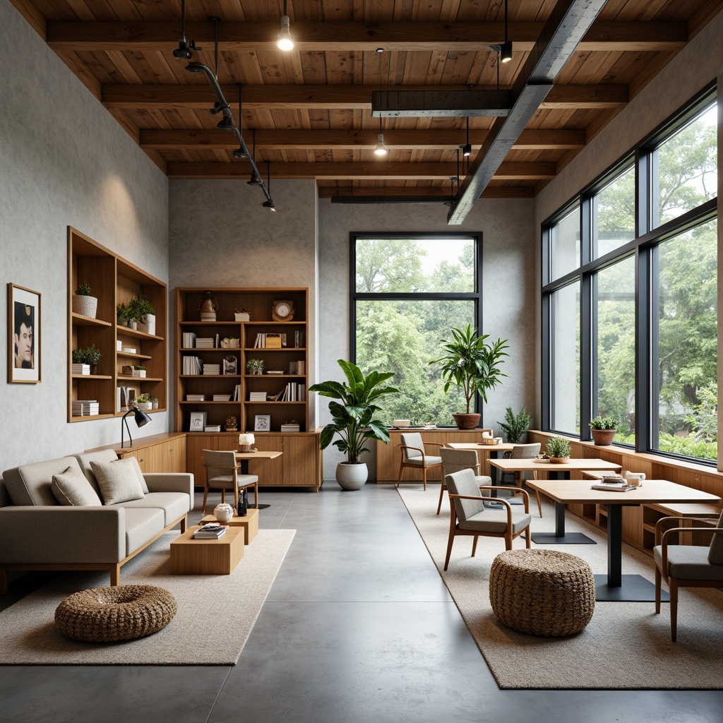 Prompt: Minimalist university interior, Scandinavian style furniture, wooden chairs, sleek tables, ergonomic desks, cozy reading nooks, floor lamps, natural textiles, woven baskets, industrial metal shelves, concrete floors, large windows, soft diffused lighting, 1/1 composition, realistic wood grain textures, subtle ambient occlusion.