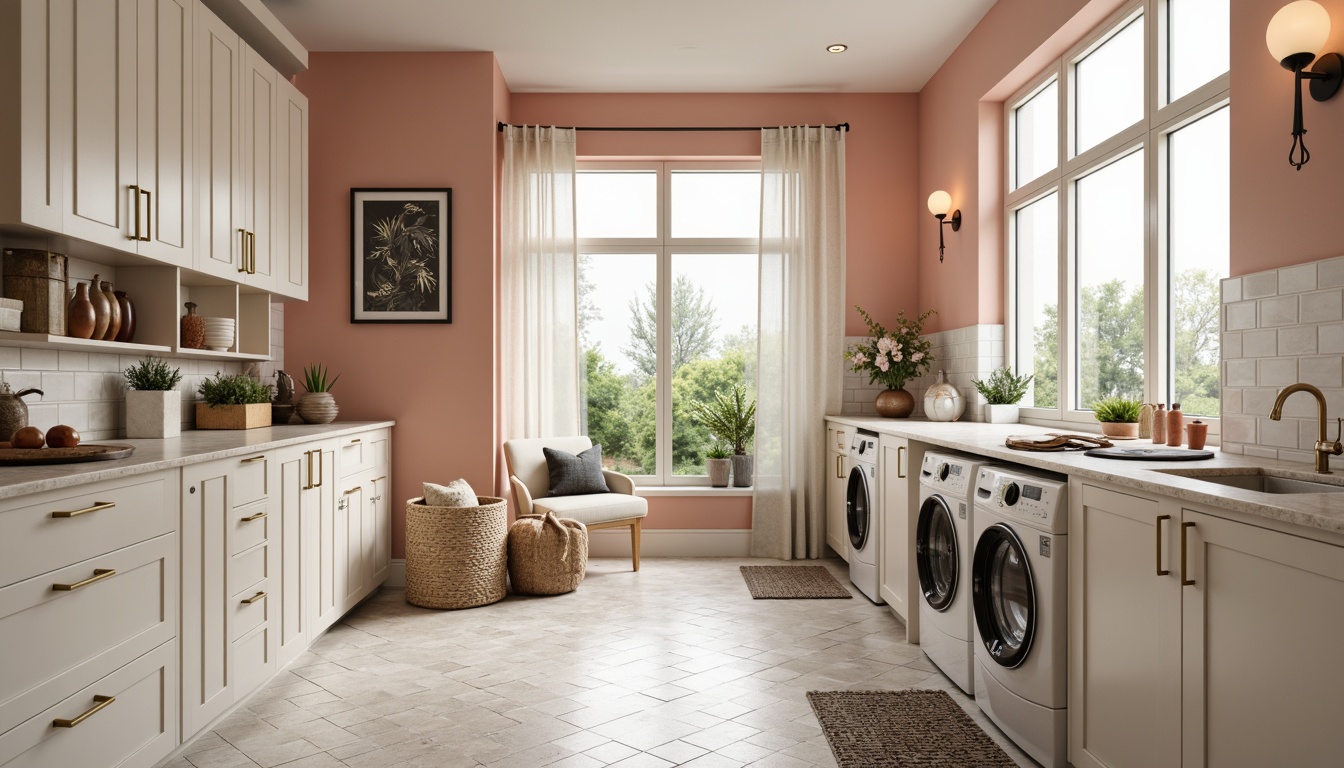 Prompt: Trendy laundry room, pastel color scheme, soft peach tones, creamy whites, rich charcoal grays, warm beige accents, metallic gold hardware, sleek modern cabinetry, quartz countertops, herringbone tile floors, geometric patterned rugs, industrial-chic lighting fixtures, large windows, natural daylight, airy atmosphere, shallow depth of field, 1/1 composition, softbox lighting, realistic textures.