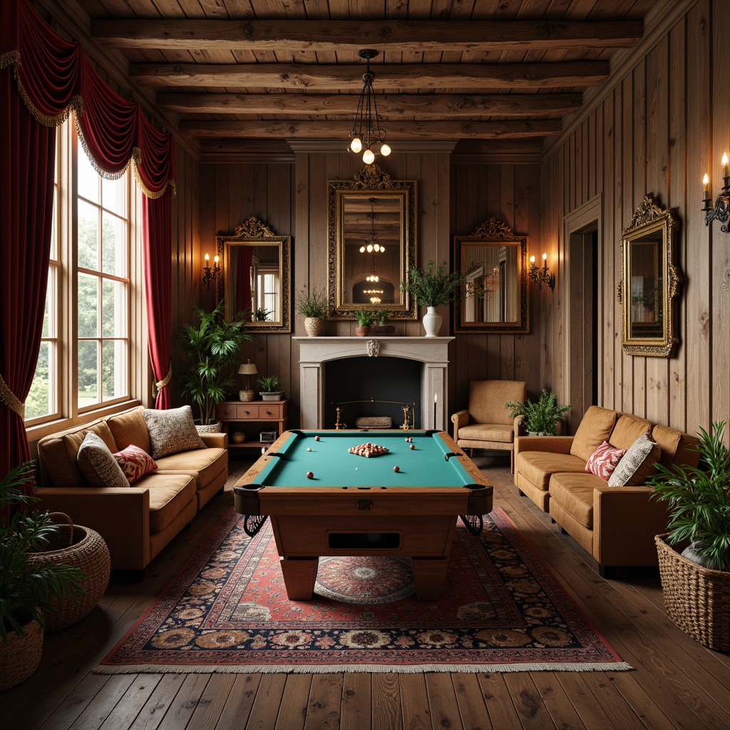 Prompt: Rustic game room, distressed wood furniture, velvet drapes, rich tapestries, ornate mirrors, antique accessories, earthy color palette, natural fabrics, woven baskets, vintage rugs, comfortable sofas, stonewall fireplace, warm candlelight, soft shadows, 1/1 composition, intimate atmosphere, realistic textures, ambient occlusion.