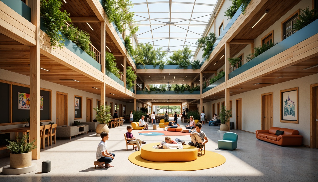 Prompt: Vibrant youth center, open atrium, natural light pouring in, wooden accents, earthy tones, minimalistic decor, modern furniture, playful color schemes, abstract artwork, educational facilities, interactive exhibits, cozy reading nooks, comfortable seating areas, floor-to-ceiling windows, skylights, clerestory windows, solar tubes, sustainable building materials, eco-friendly systems, lush greenery, vertical gardens, living walls, calming ambiance, soft warm lighting, 1/2 composition, shallow depth of field, panoramic view.