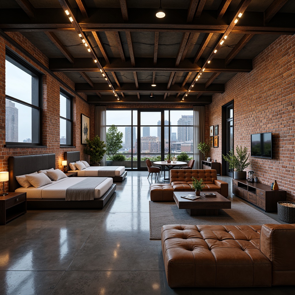 Prompt: Exposed brick walls, metal beams, industrial chic decor, reclaimed wood accents, polished concrete floors, modern minimalist furniture, urban cityscape views, floor-to-ceiling windows, steel frame doors, Edison bulb lighting, raw unfinished ceilings, open-plan living areas, luxurious loft-style suites, sleek low-profile beds, distressed leather sofas, vintage industrial machinery displays, eclectic art pieces, moody atmospheric lighting, high-contrast textures, cinematic composition, shallow depth of field, 2.35