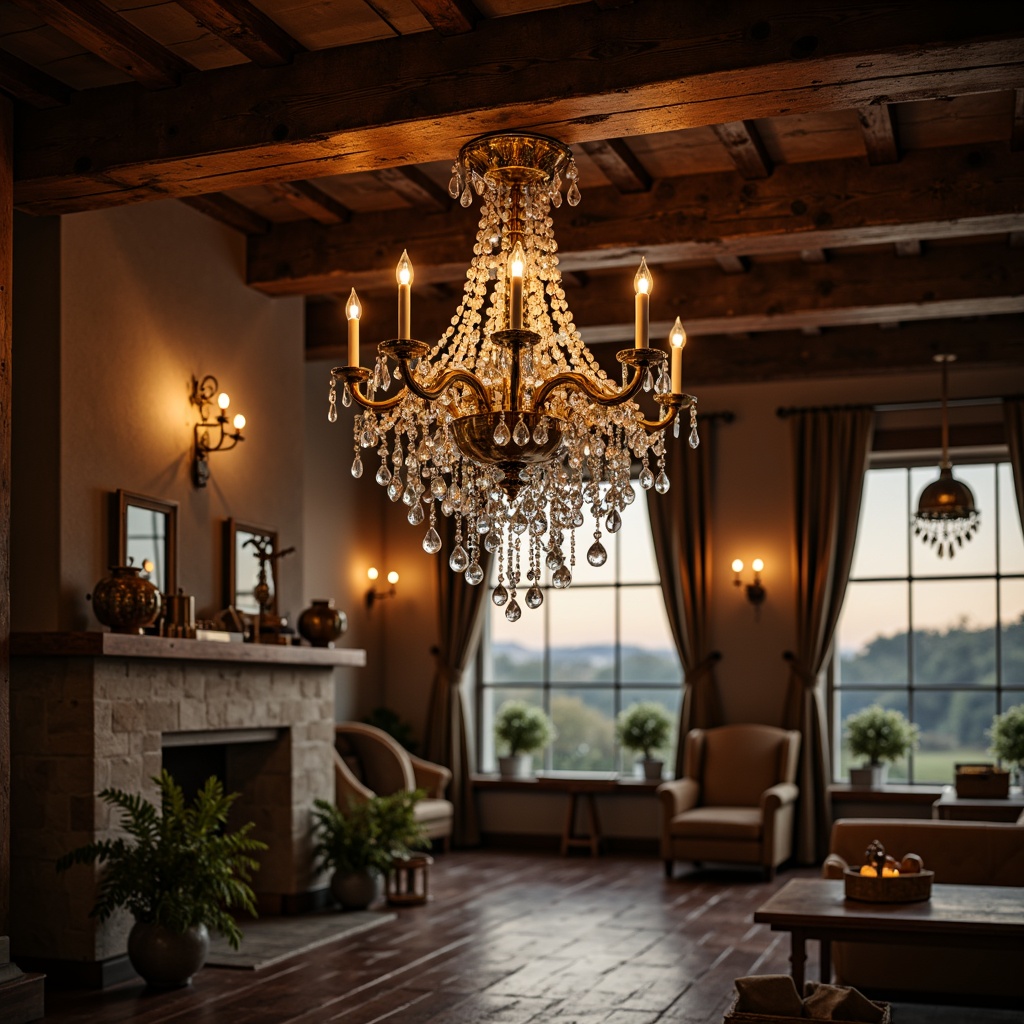 Prompt: Ornate chandeliers, crystal droplets, vintage bronze fixtures, rustic wooden beams, distressed metal lanterns, warm candlelight, soft ambient glow, traditional English countryside, rolling hills, stone cottages, Tudor-style architecture, stained glass windows, rich wood tones, luxurious fabrics, classic interior design, symmetrical compositions, 1/1 aspect ratio, shallow depth of field, warm color palette, realistic textures, subtle lighting effects.