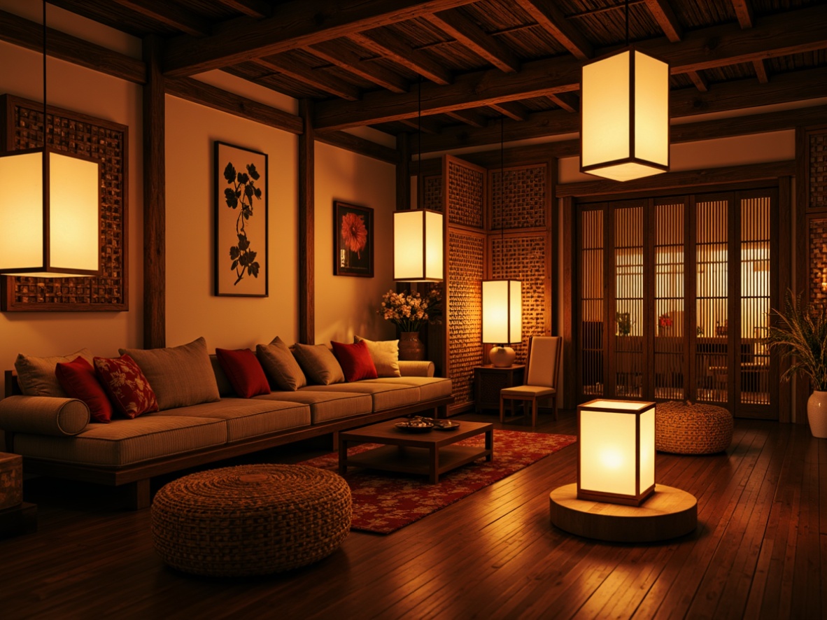 Prompt: Warm lanterns, paper lanterns, natural wood accents, traditional Asian patterns, woven bamboo furniture, soft warm lighting, subtle shadows, ambient occlusion, shallow depth of field, 1/1 composition, cozy intimate spaces, cultural artifacts, rustic wooden tables, intricately carved wooden decorations, vibrant silk fabrics, delicate ceramics, earthy tone color palette, serene atmosphere, gentle misting, subtle aromas, traditional Japanese screens, sliding doors, natural fiber rugs.