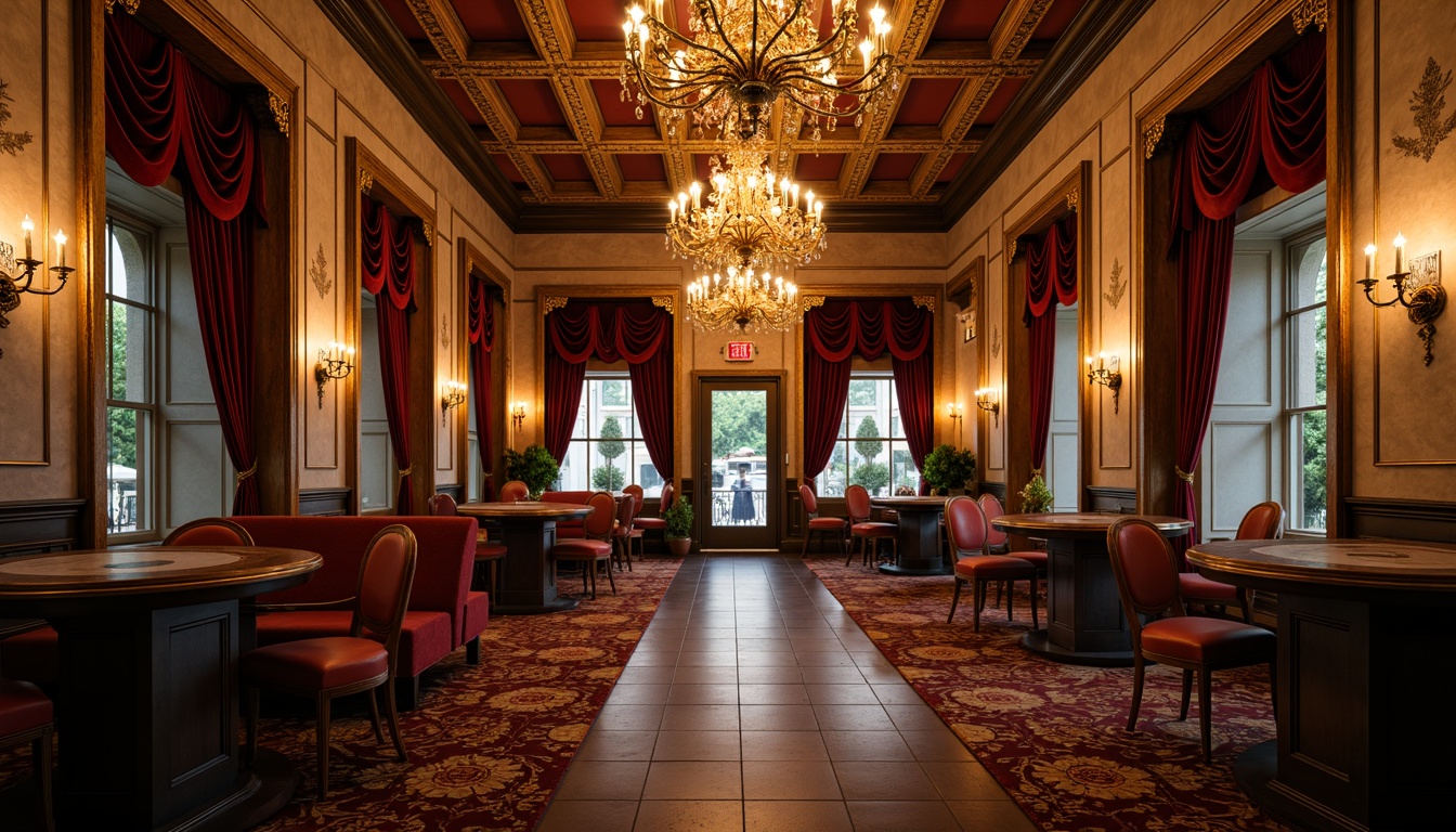 Prompt: Luxurious casino, French country style, ornate chandeliers, intricate carvings, velvet drapes, gilded frames, distressed wood accents, rustic stone walls, lavish furnishings, rich tapestries, opulent fabrics, warm golden lighting, soft focus, 1/2 composition, cinematic mood, realistic textures, subtle depth of field.