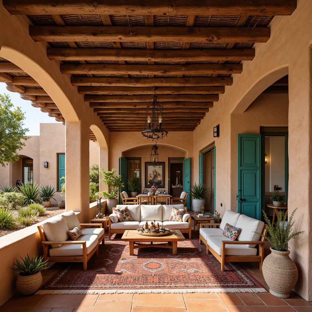 Prompt: Vibrant adobe architecture, warm earthy tones, sandy beige walls, turquoise accents, rich terracotta floors, rustic wooden beams, natural stone columns, desert botanicals, cacti plants, succulents, southwestern patterns, geometric textiles, bold color blocking, warm ambient lighting, cozy intimate spaces, plush furnishings, tribal-inspired artwork, vintage decorative accessories, earthy scent, soft gentle breeze.