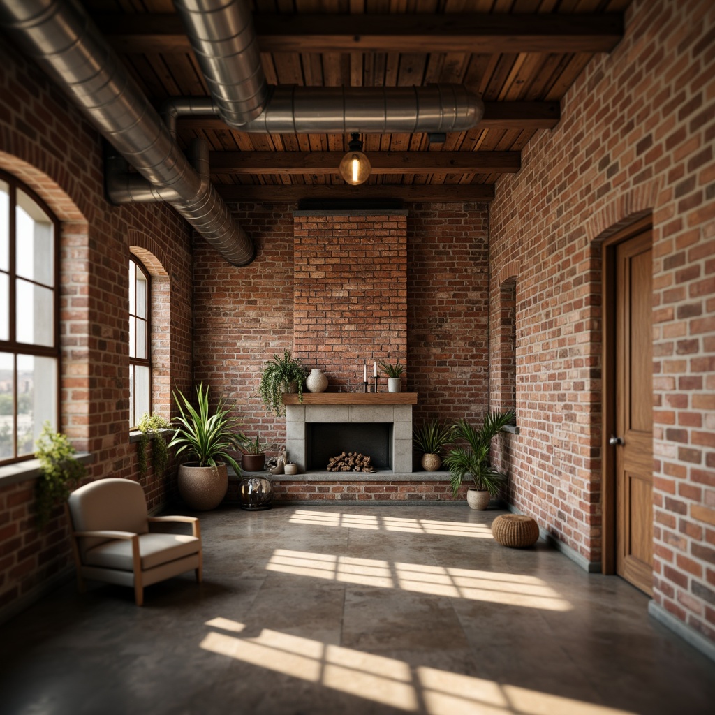 Prompt: Rustic brick walls, distressed finishes, earthy tones, natural stone textures, rugged concrete surfaces, industrial chic aesthetic, urban loft atmosphere, exposed ductwork, metal beams, reclaimed wood accents, vintage decorative elements, warm golden lighting, shallow depth of field, 1/2 composition, realistic normal maps, ambient occlusion.