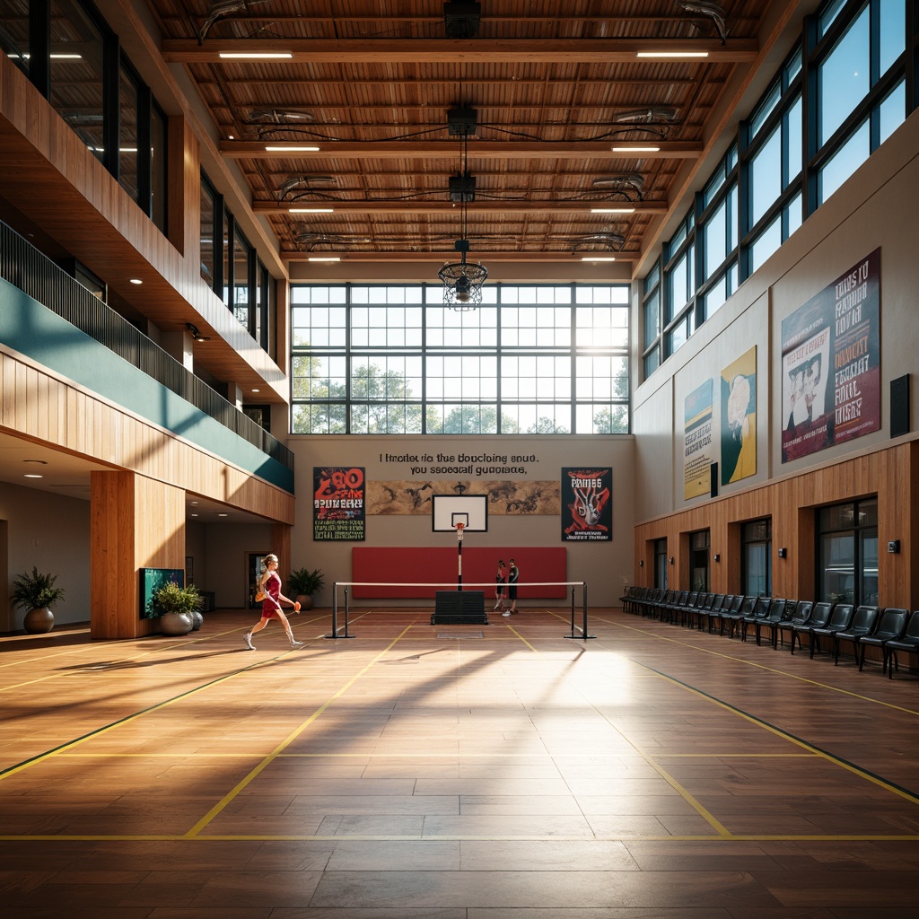 Prompt: Modern gymnasium interior, high ceilings, polished wooden floors, suspended LED lights, soft warm glow, natural light pouring in through large windows, vibrant colors, dynamic shadows, 3/4 composition, shallow depth of field, realistic textures, ambient occlusion, athletic equipment, exercise machines, basketball hoops, badminton courts, spectator seating areas, motivational quotes, inspirational posters.