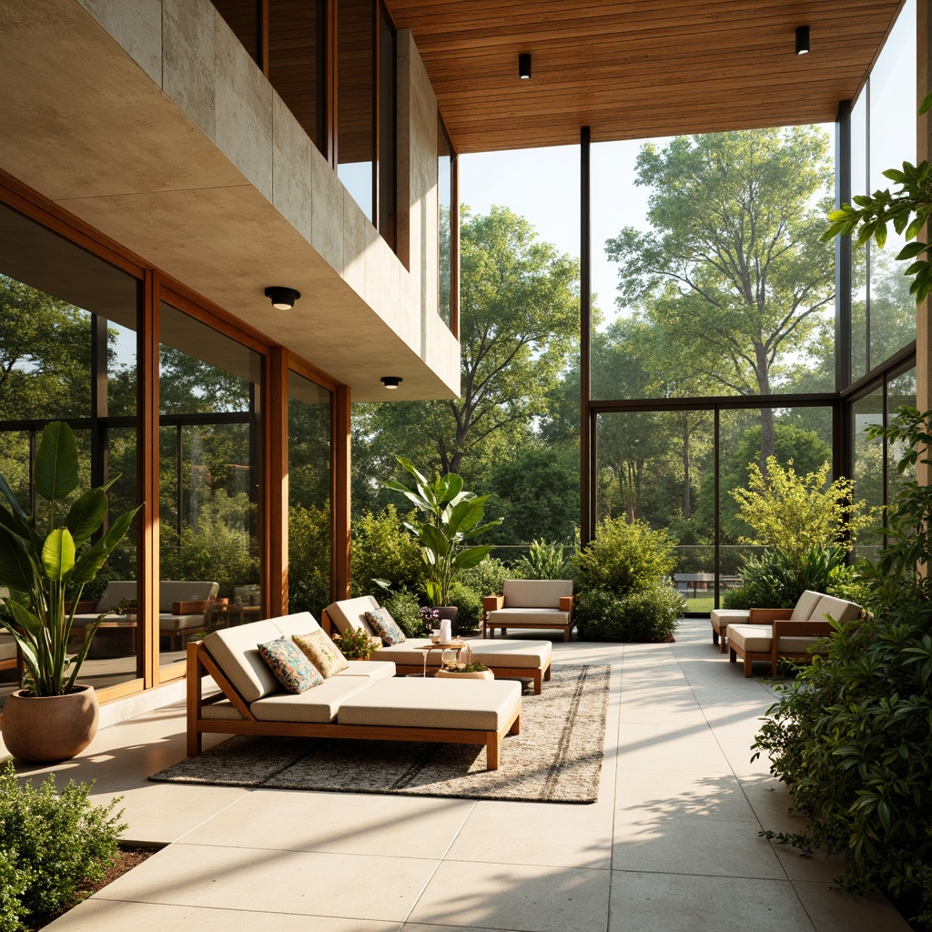 Prompt: Vibrant sunroom, abundant natural light, floor-to-ceiling windows, sliding glass doors, lush greenery, modern mid-century architecture, wooden accents, minimal ornamentation, sleek lines, organic shapes, earthy tones, warm beige walls, polished concrete floors, comfortable lounge seating, pendant lighting fixtures, geometric patterns, botanical prints, tropical plants, sunny day, soft warm glow, shallow depth of field, 1/2 composition, realistic textures, ambient occlusion.