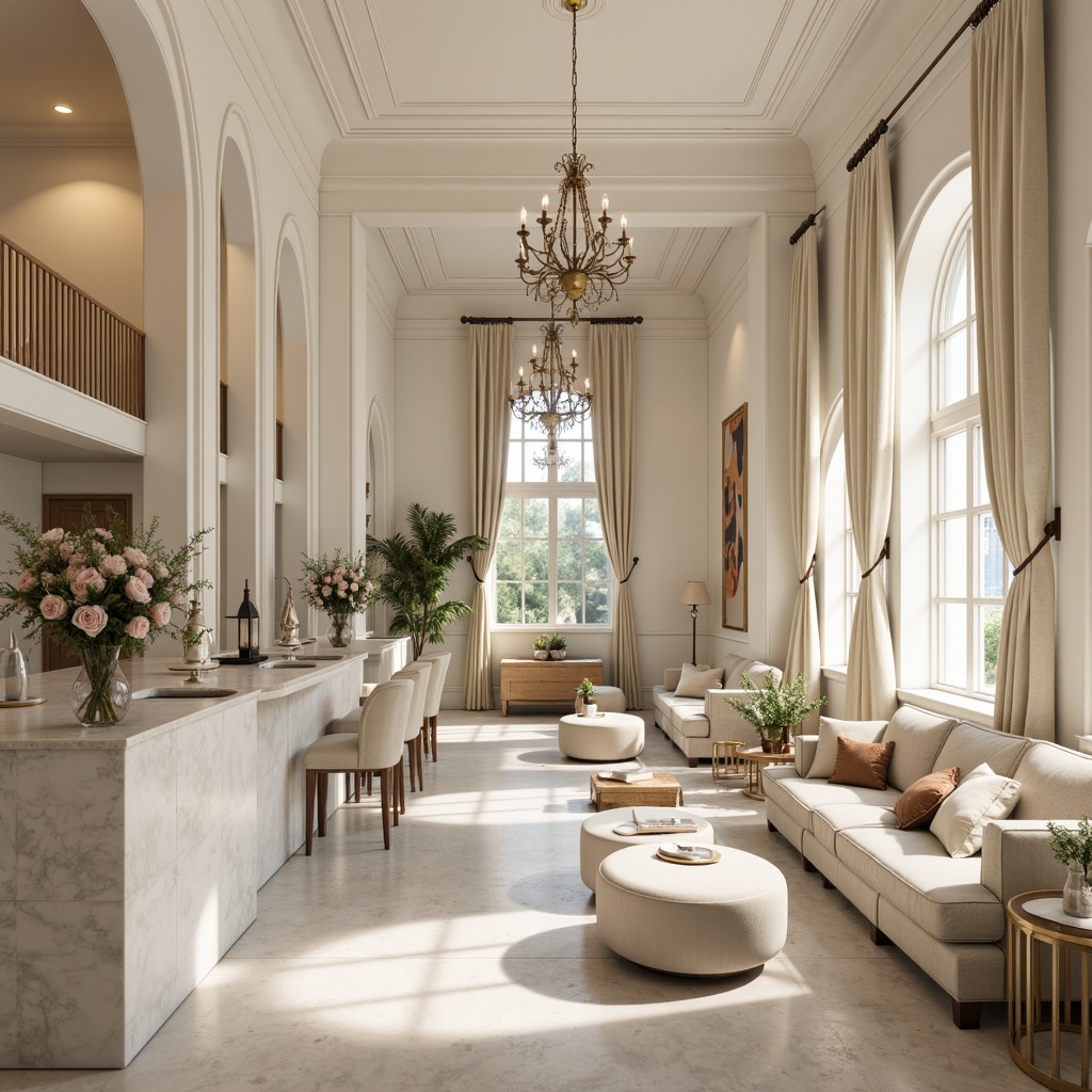 Prompt: Monochromatic interior design, soft creamy whites, warm beige tones, rich wooden accents, plush velvet fabrics, metallic gold details, ornate chandeliers, luxurious marble countertops, elegant archways, refined minimalist decor, calming ambient lighting, shallow depth of field, 2/3 composition, realistic textures, subtle color gradations.