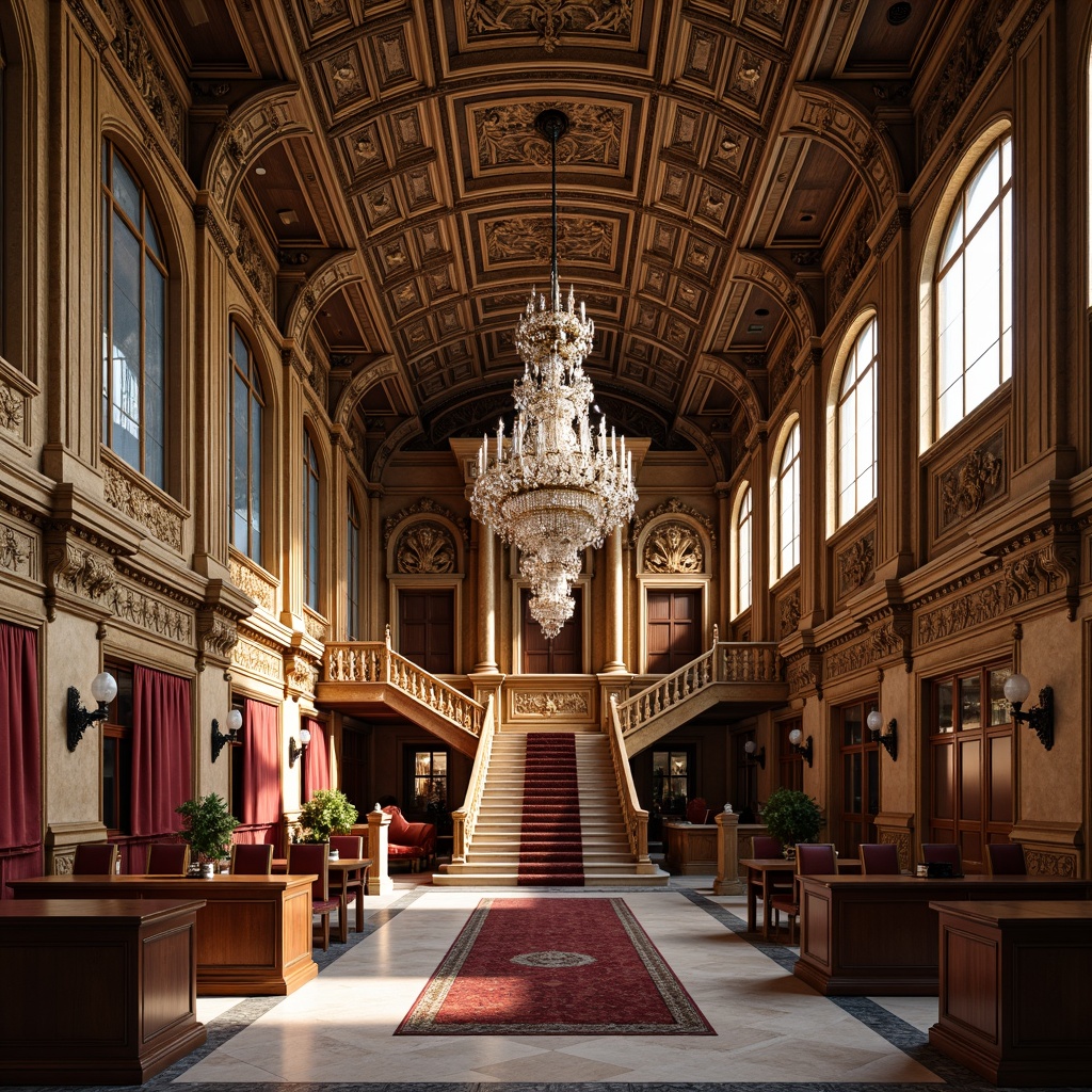 Prompt: Ornate courthouse, renaissance style, high ceiling, intricate moldings, ornamental plasterwork, gilded details, crystal chandeliers, grand staircase, marble flooring, ornate columns, arched windows, stained glass, rich wood paneling, luxurious fabrics, regal atmosphere, soft warm lighting, shallow depth of field, 1/2 composition, realistic textures, ambient occlusion.