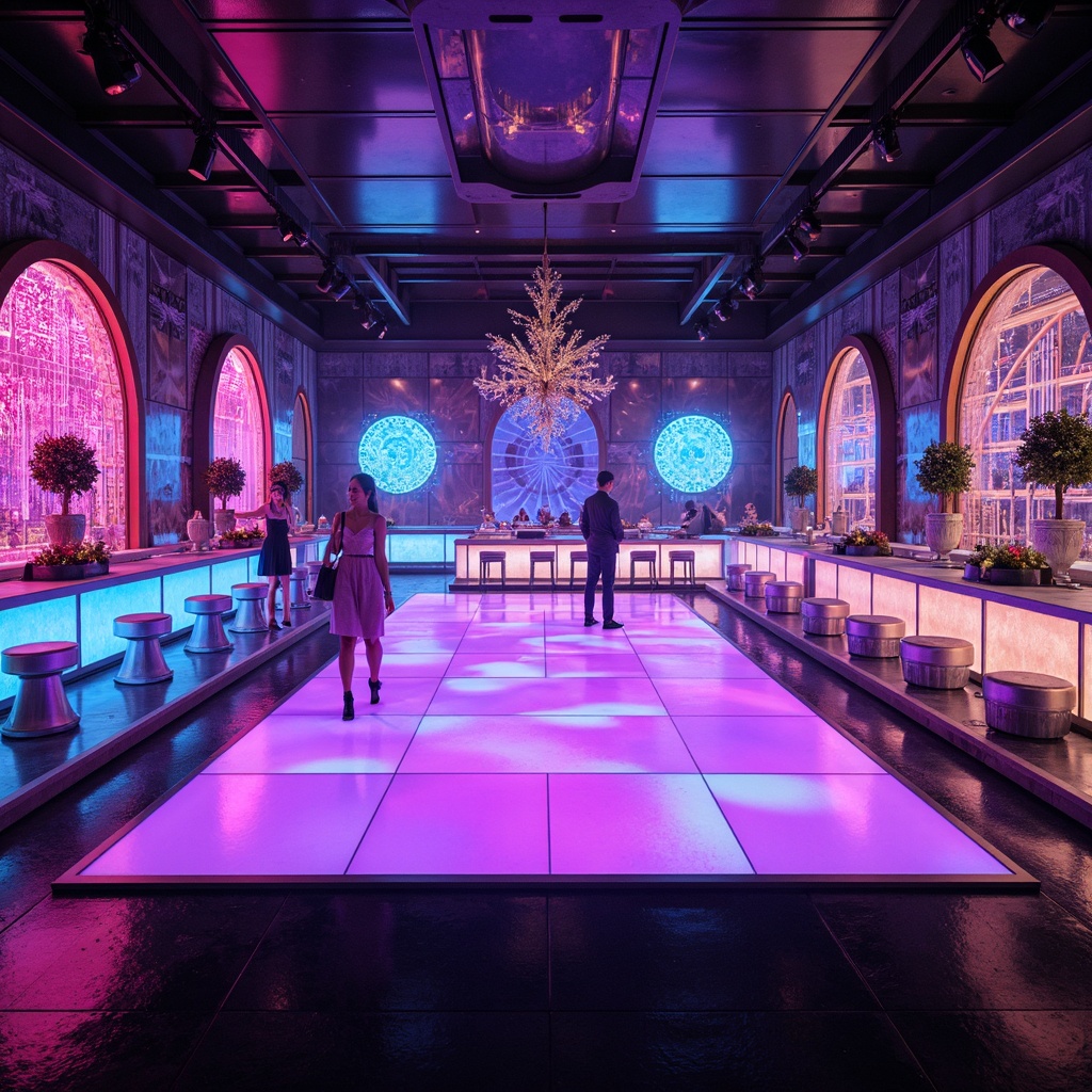 Prompt: Neon-lit dance floor, futuristic lounge chairs, metallic bar stools, holographic tables, LED-infused shelves, iridescent booths, fibre-optic chandeliers, glow-in-the-dark accents, mirrored ceilings, glossy black floors, laser-cut decorative screens, 3D-printed sculptures, virtual reality installations, surround sound systems, strobe lights, fog machines, futuristic DJ consoles, holographic projections, ambient purple lighting, shallow depth of field, cinematic composition, realistic reflections, advanced particle simulations.