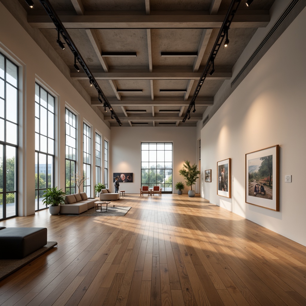 Prompt: Elegant gallery interior, high ceilings, polished wooden floors, neutral color palette, track lighting systems, suspended LED fixtures, floor-to-ceiling windows, natural daylight pouring in, minimalist exhibition walls, modern art pieces, interactive displays, comfortable seating areas, ambient warm lighting, subtle shadows, 1/2 composition, shallow depth of field, realistic textures, soft focus blur.