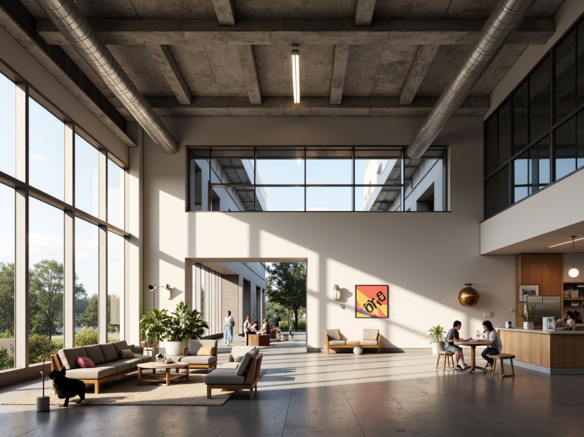 Prompt: Minimalist interior, industrial materials, exposed ductwork, concrete floors, steel beams, functional lighting, geometric shapes, rectangular forms, primary colors, bold typography, modernist furniture, sleek lines, sparse decoration, natural light pouring, large windows, clerestory windows, soft diffused light, warm glow, low-key lighting, high-contrast shadows, dramatic spotlights, accent lighting, ambient illumination, 1/1 composition, realistic textures, subtle reflections.