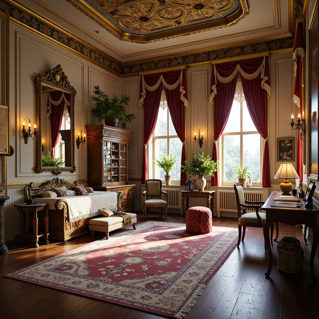 Prompt: Opulent craft room, ornate wooden furniture, intricately carved details, lavish fabrics, rich velvet textures, golden accents, soft warm lighting, Baroque-inspired patterns, delicate lace trimmings, pastel-colored walls, antique decorative objects, Rococo-style mirrors, elegant chandeliers, luxurious silk threads, vibrant colorful tassels, ornamental flowers, natural stone floors, grandiose ceiling designs, dramatic curtains, exquisite embroidery.