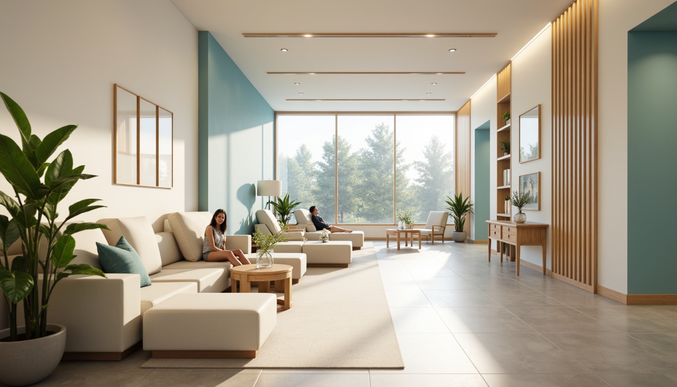 Prompt: Calming medical clinic, soft pastel colors, gentle earth tones, creamy whites, soothing blues, muted greens, natural wood accents, minimalist decor, warm LED lighting, shallow depth of field, 1/1 composition, realistic textures, ambient occlusion.