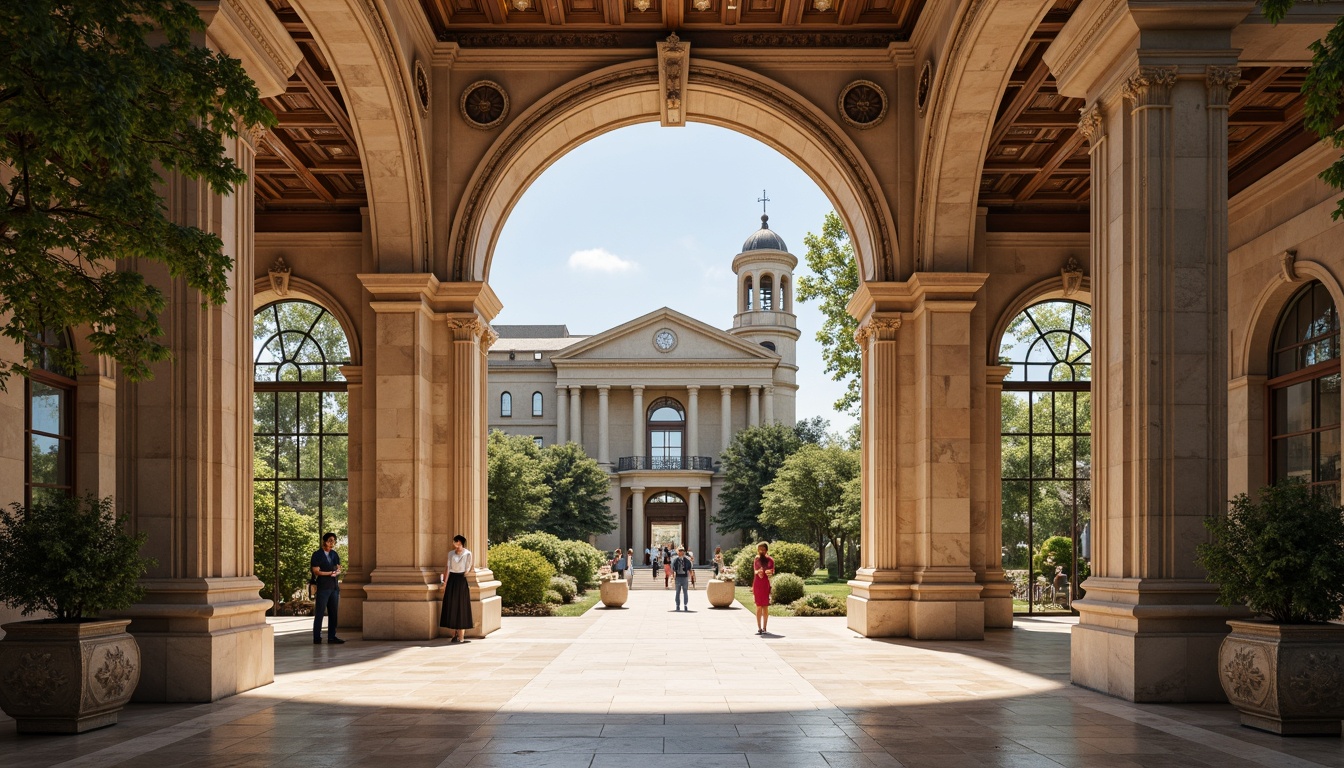 Prompt: Grand courthouse entrance, majestic columns, ornate capitals, polished marble floors, intricate moldings, high ceilings, stained glass windows, natural light filtering, solemn atmosphere, symmetrical fa\u00e7ade, classical architectural style, rusticated stone walls, decorative pediments, prominent clock towers, statues of historical figures, lush greenery surroundings, sunny day, soft warm lighting, shallow depth of field, 3/4 composition, realistic textures, ambient occlusion.