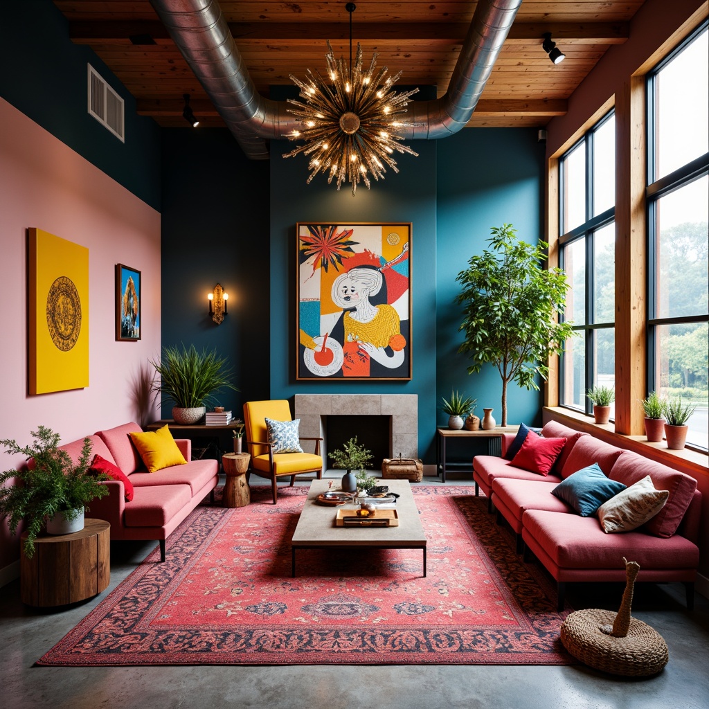 Prompt: Vibrant living room, bold color schemes, eclectic furniture arrangements, statement lighting fixtures, sleek metal sconces, ornate chandeliers, exposed ductwork, polished concrete floors, industrial-chic decorative elements, oversized windows, natural light pouring in, warm cozy ambiance, layered textiles, playful patterns, abstract artwork, avant-garde sculptures, 1/1 composition, softbox lighting, shallow depth of field, high-contrast color palette.