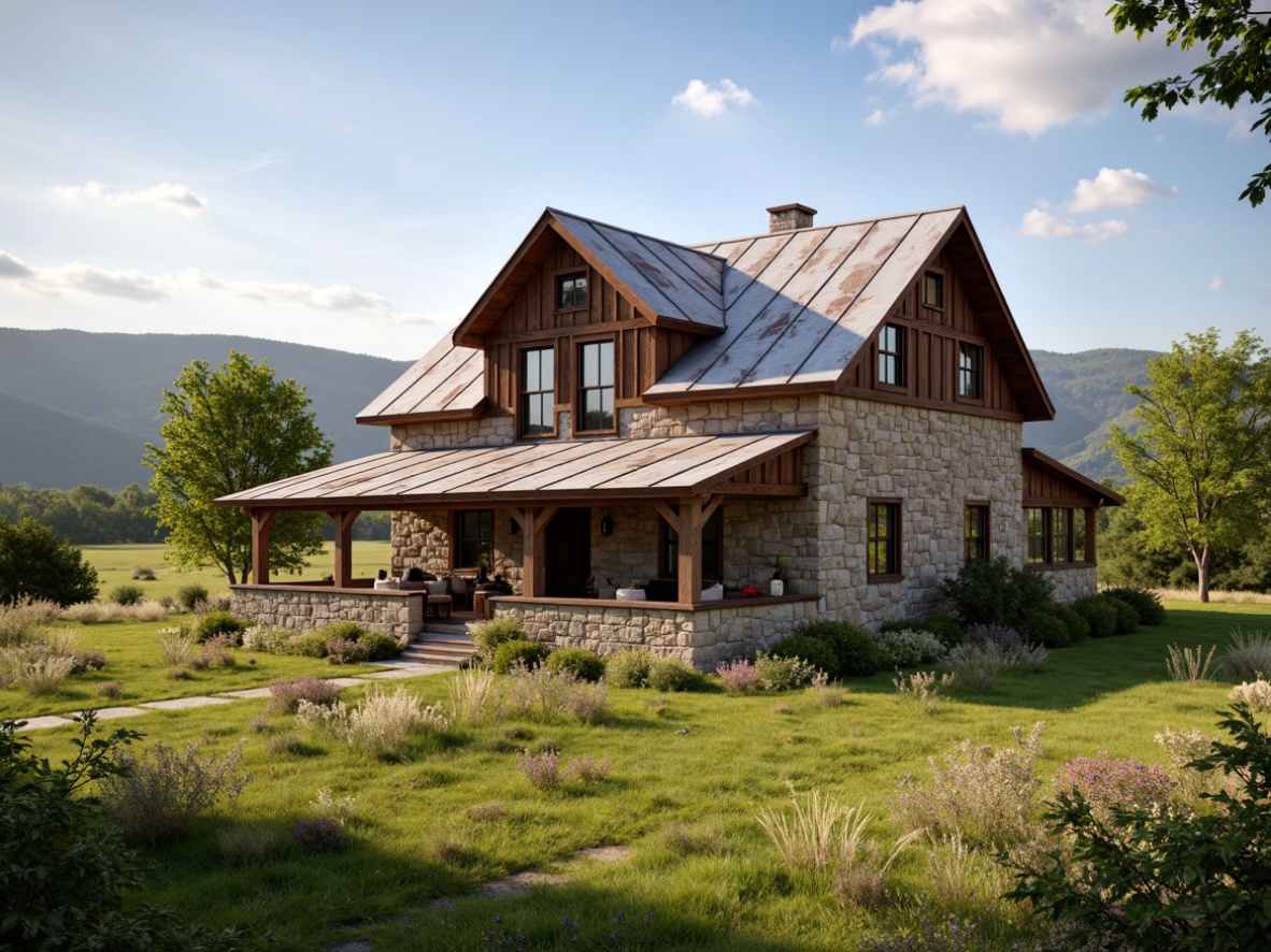 Prompt: Rustic farmhouse, natural stone walls, wooden beams, vintage metal roofs, distressed wood accents, earthy color palette, organic textures, rural landscape, rolling hills, green pastures, wildflowers, sunny afternoon, warm soft lighting, shallow depth of field, 1/1 composition, realistic rendering, ambient occlusion.