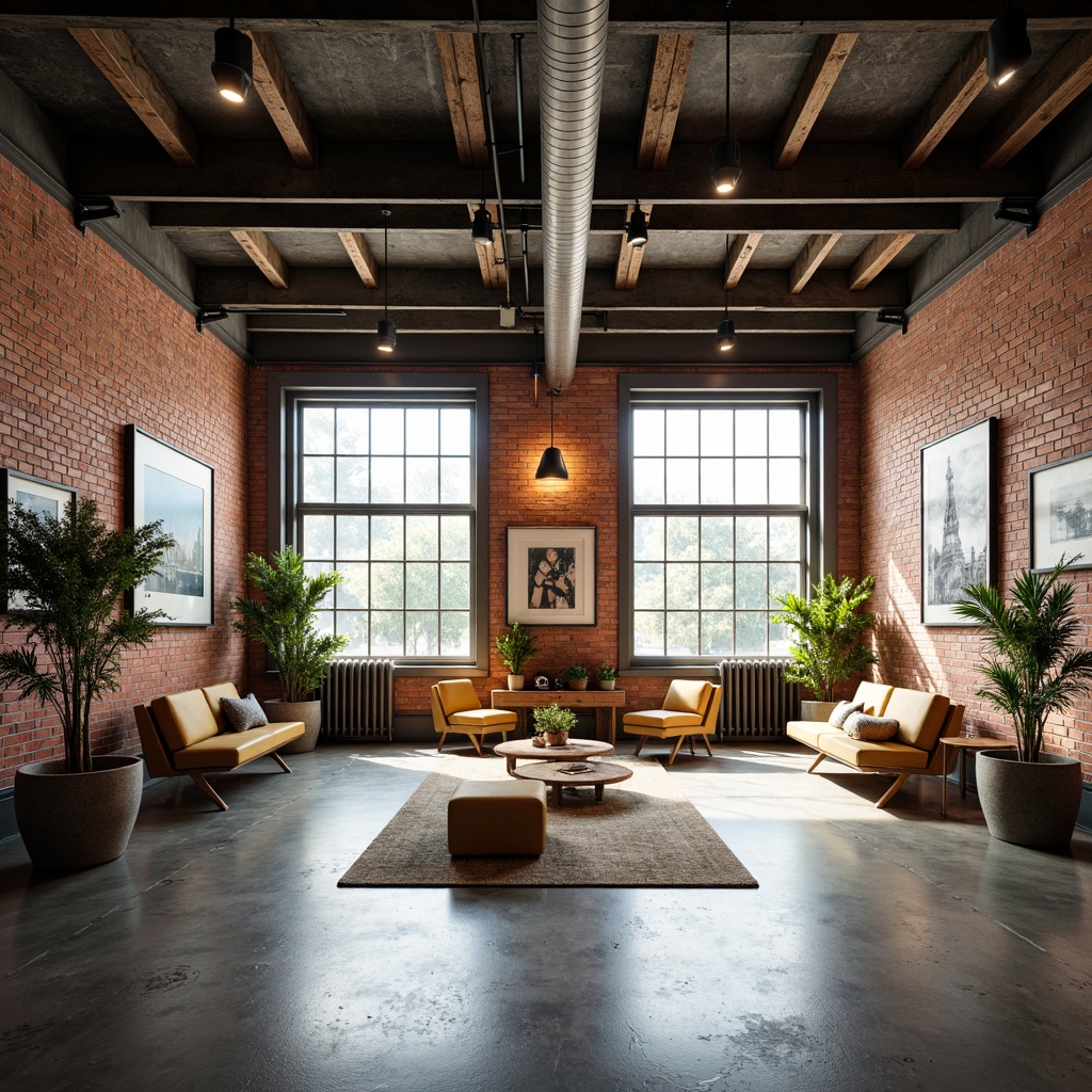 Prompt: Industrial chic warehouse, exposed brick walls, polished concrete floors, steel beams, minimalist lighting, functional decor, open space layout, flexible workstations, collaborative zones, modern Bauhaus-inspired furniture, geometric shapes, primary color accents, natural light pouring in, high ceilings, urban loft atmosphere, gritty textures, industrial heritage, rustic metal details, reclaimed wood accents, eclectic art pieces, dynamic shadows, softbox lighting, 3/4 composition, symmetrical framing.