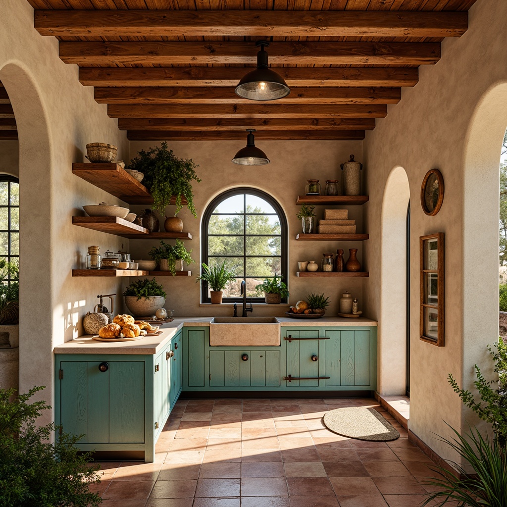 Prompt: Rustic Southwestern pantry, warm earthy tones, wooden cabinetry, turquoise accents, natural stone countertops, woven textiles, vintage metal hardware, distressed wood finishes, arched doorways, clay tile floors, vibrant desert flora, sunny afternoon light, soft warm glow, shallow depth of field, 1/1 composition, realistic textures, ambient occlusion.