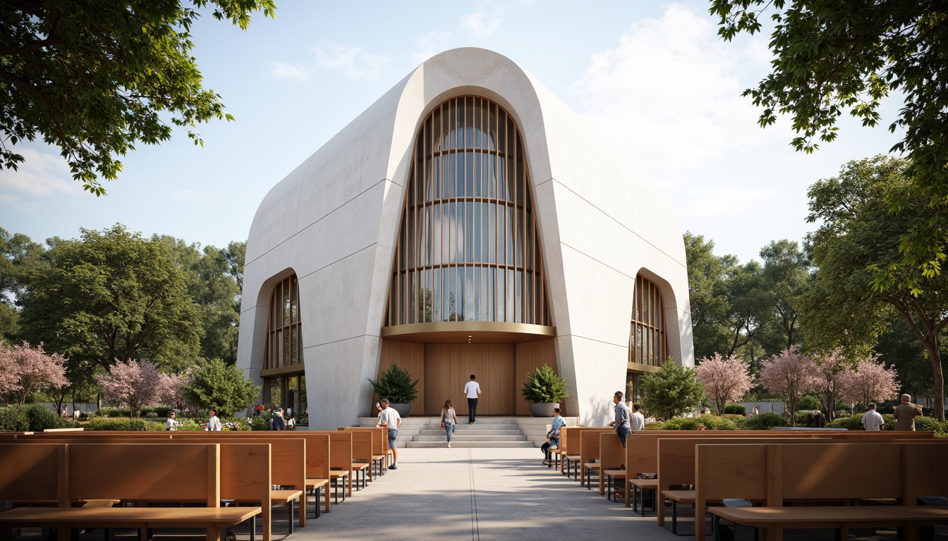 Prompt: Elegant church facade, curved lines, minimalist details, clean white walls, large stained glass windows, geometric patterns, subtle ornamentation, sleek metal accents, polished wooden pews, soft warm lighting, shallow depth of field, 3/4 composition, panoramic view, realistic textures, ambient occlusion, modern spiritual atmosphere, peaceful ambiance, serene natural surroundings, lush greenery, vibrant flowers, blooming trees.