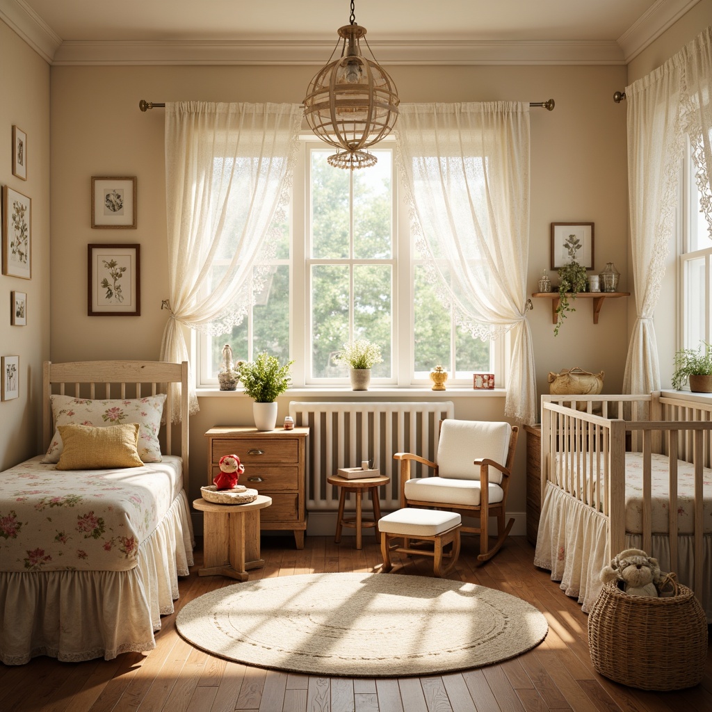 Prompt: Whimsical baby room, soft pastel colors, distressed wood furniture, vintage toys, floral patterns, lace curtains, ruffled bedding, plush area rug, antique cribs, wooden rocking chairs, natural woven baskets, cream-colored walls, warm golden lighting, shallow depth of field, 1/1 composition, intimate atmosphere, cozy textures, subtle shadows.