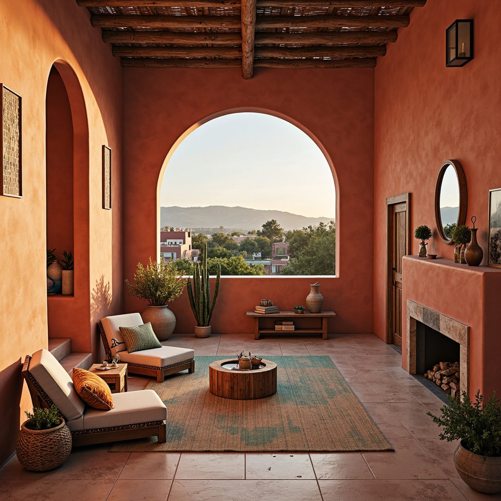 Prompt: Vibrant adobe buildings, earthy terracotta walls, turquoise accents, sandy beige floors, warm golden lighting, natural linen fabrics, woven textiles, rustic wooden furniture, desert botanicals, cactus arrangements, bold geometric patterns, bright coral hues, soft sage greens, creamy whites, rich walnut woods, cozy fireplaces, intimate gathering spaces, panoramic views of arid landscapes, dramatic sunsets, warm ambiance, shallow depth of field, 3/4 composition.