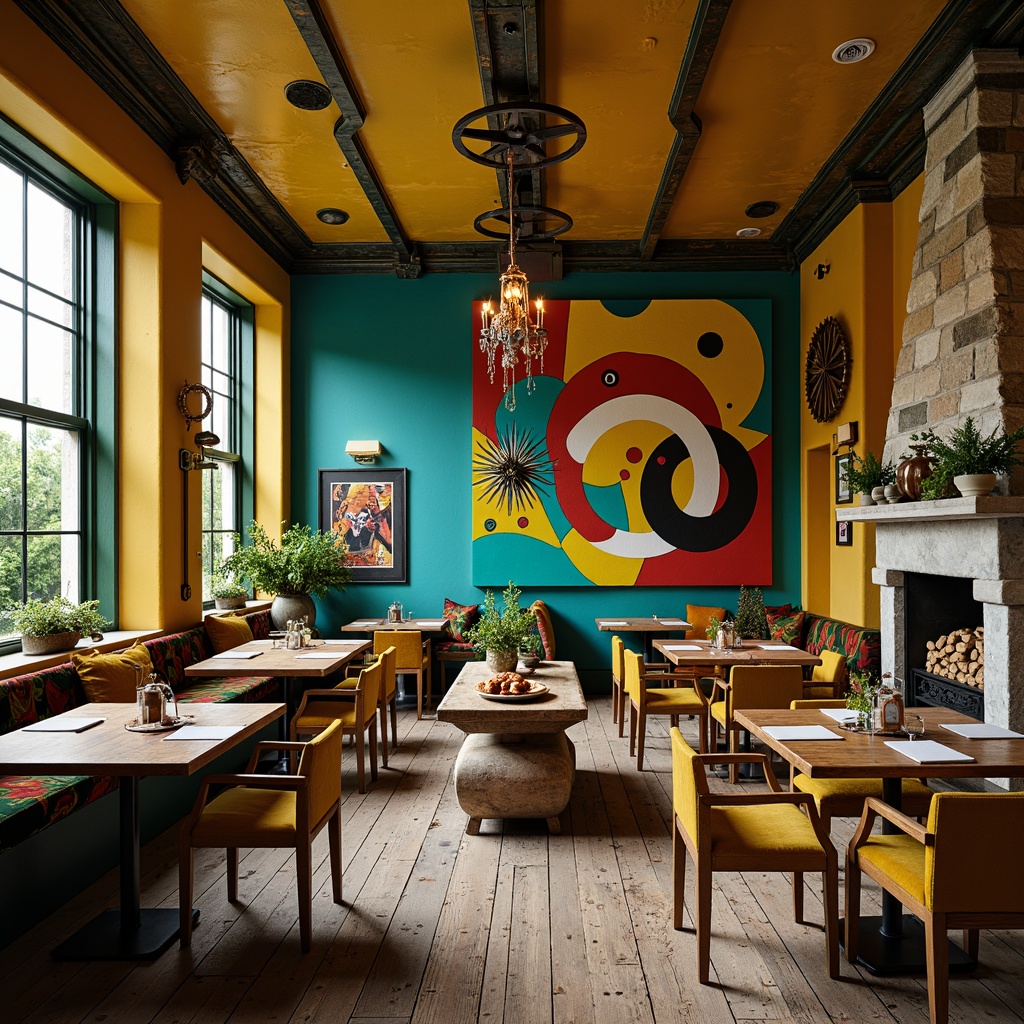 Prompt: Vibrant eclectic dining hall, rich turquoise walls, bold yellow accents, distressed wooden floors, ornate vintage chandeliers, plush velvet furnishings, abstract geometric patterns, eclectic art pieces, natural stone fireplaces, industrial metal beams, reclaimed wood tables, mismatched chairs, warm golden lighting, shallow depth of field, 1/1 composition, realistic textures, ambient occlusion.