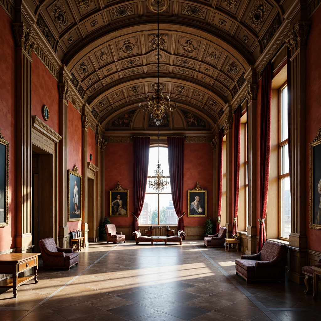 Prompt: Grand museum hall, ornate Renaissance columns, intricately carved wooden panels, polished marble floors, vaulted ceilings, dramatic chandeliers, rich velvet drapes, gilded picture frames, antique furniture, luxurious upholstery, subtle warm lighting, soft box shadows, 1/1 composition, symmetrical balance, high contrast ratios, realistic textures, ambient occlusion.