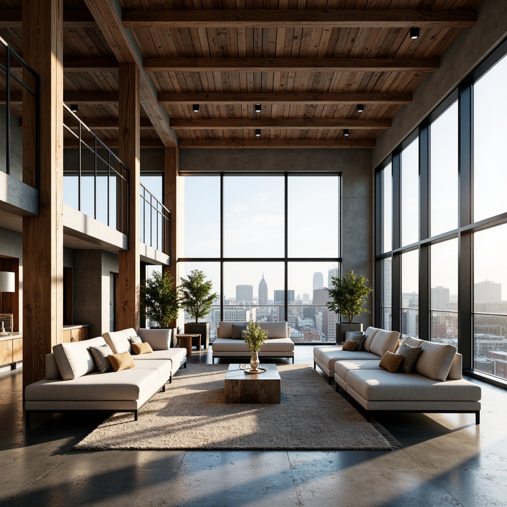 Prompt: Luxurious penthouse, exposed wooden beams, industrial chic decor, high ceilings, large windows, cityscape views, modern minimalist furniture, sleek metal accents, polished concrete floors, urban loft atmosphere, natural light pouring in, airy open space, sophisticated color palette, rich wood tones, metallic sheen, dramatic shadows, cinematic lighting, shallow depth of field, 1/1 composition, realistic textures, ambient occlusion.