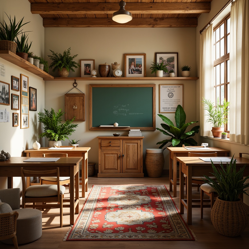 Prompt: Cozy classroom, warm beige walls, rustic wooden desks, vintage chalkboard, colorful rug, plush pillows, soft natural light, greenery plants, wicker baskets, distressed wood shelves, antique decorative frames, classic educational posters, creamy white curtains, woven wicker chairs, earthy tone accents, soft pastel colors, gentle warm lighting, shallow depth of field, 1/2 composition, intimate atmosphere.