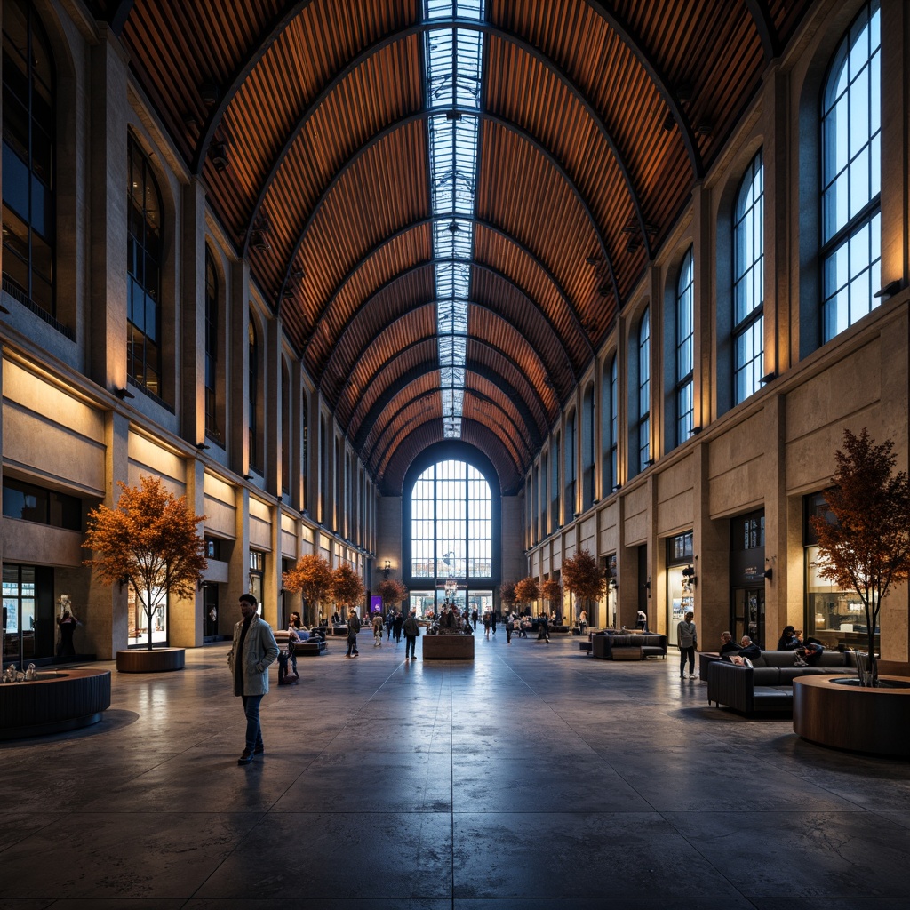 Prompt: Moody airport interior, Gothic architectural style, vaulted ceilings, ribbed arches, grand chandeliers, ornate metalwork, luxurious textiles, rich wood tones, dark stone flooring, atmospheric lighting, dramatic shadows, warm beige walls, cool grey accents, metallic silver highlights, deep blue undertones, subtle purple nuances, industrial materials, modern technology integration, sleek signage, futuristic amenities, bustling atmosphere, dynamic energy, cinematic lighting, 1/2 composition, shallow depth of field, realistic textures.