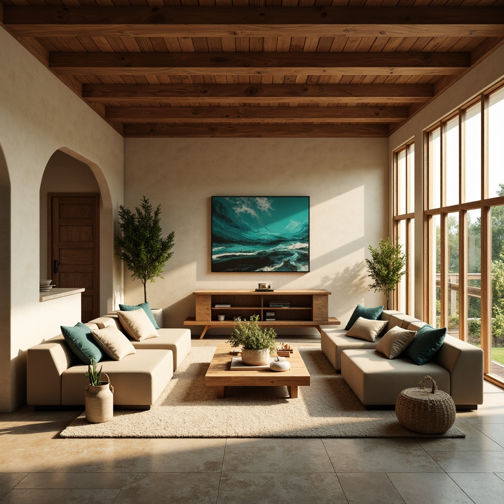 Prompt: Cozy living room, soft warm beige walls, rich walnut wood furniture, plush velvet sofas, vibrant turquoise accents, natural stone flooring, minimalist decor, modern abstract artwork, large windows, abundance of natural light, warm golden lighting, shallow depth of field, 1/1 composition, realistic textures, ambient occlusion.