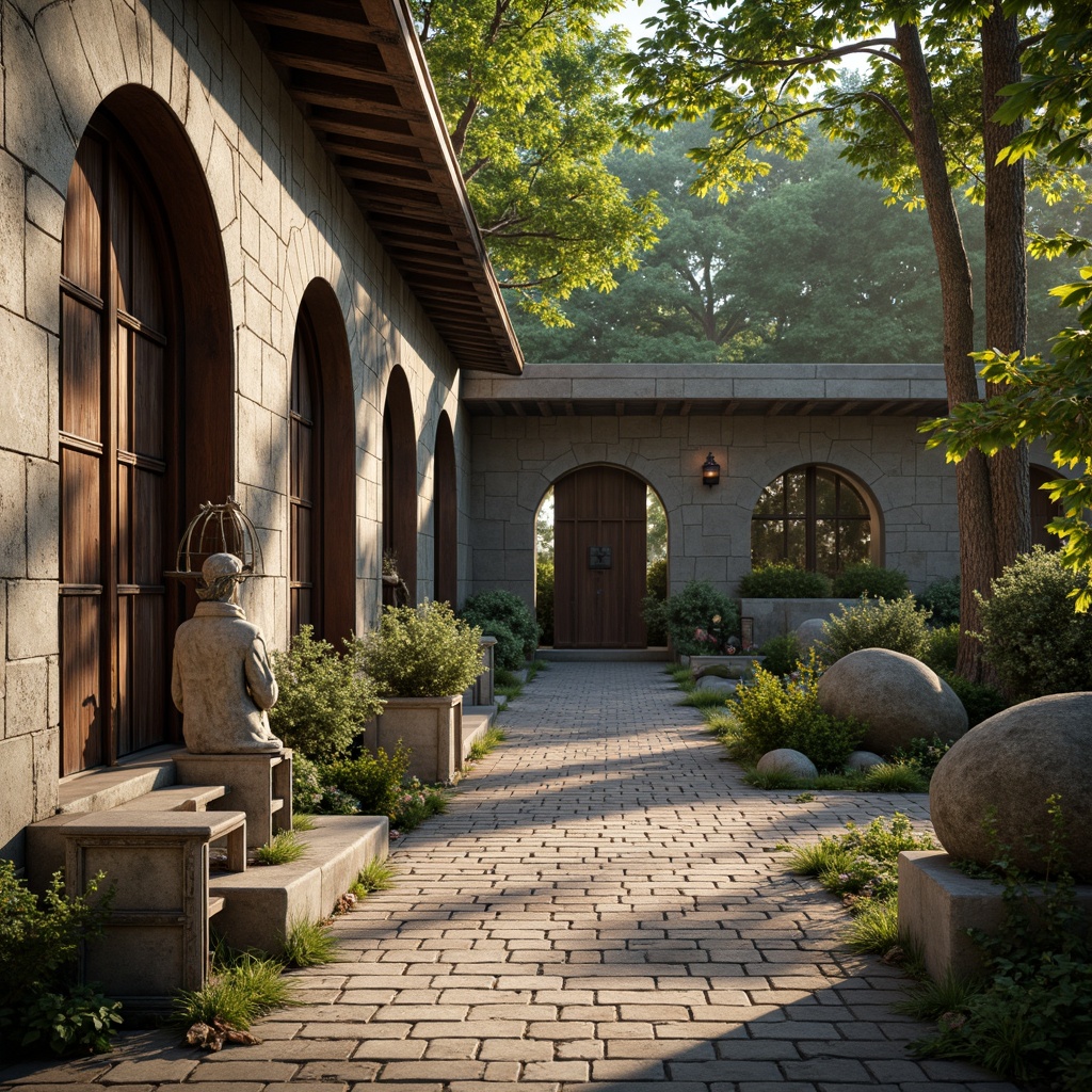 Prompt: Rustic memorial center, weathered stone walls, distressed wooden accents, natural earthy tones, worn brick pathways, moss-covered statues, vintage metal lanterns, ornate iron gates, faded flower arrangements, soft warm lighting, subtle misting effects, shallow depth of field, 1/1 composition, realistic textures, ambient occlusion.