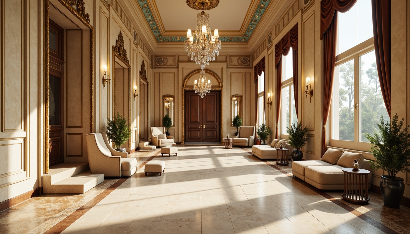 Prompt: Neoclassical interior, ornate details, cream marble floors, rich wood paneling, golden accents, soft velvet fabrics, subtle sheen, warm beige walls, crystal chandeliers, delicate moldings, intricate carvings, lavish drapery, ornamental mirrors, subtle rust tones, muted turquoise hues, classic proportions, balanced composition, soft diffused lighting, realistic textures, ambient occlusion.