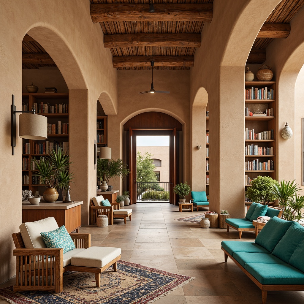 Prompt: Earthy-toned Southwestern library, warm beige walls, rustic wood accents, natural stone floors, woven textiles, vibrant turquoise hues, geometric patterned rugs, adobe-inspired architecture, curved lines, organic shapes, cozy reading nooks, comfortable seating areas, floor-to-ceiling bookshelves, warm soft lighting, shallow depth of field, 2/3 composition, inviting atmosphere, realistic materials, ambient occlusion.