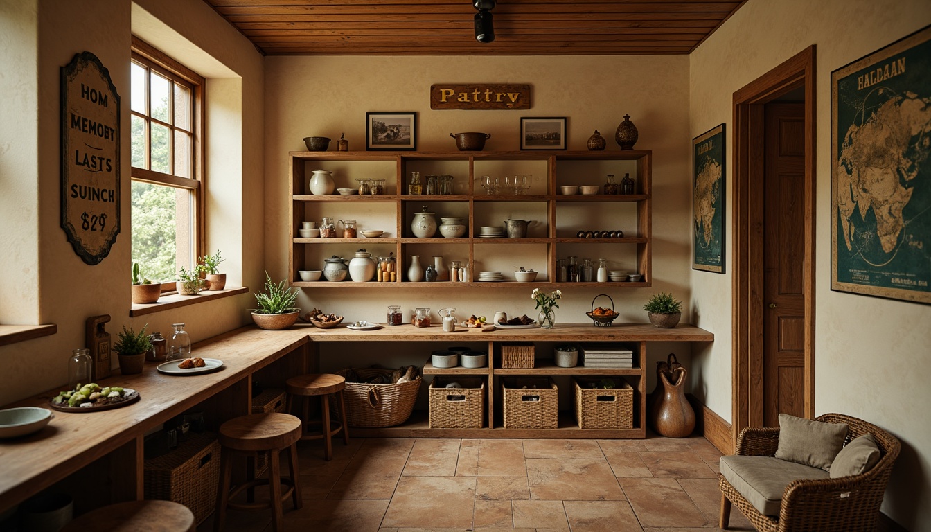 Prompt: Cozy pantry, warm beige walls, vintage-inspired posters, distressed wooden shelves, woven baskets, ceramic jars, rustic metal signs, earthy color palette, soft warm lighting, shallow depth of field, 1/1 composition, realistic textures, ambient occlusion.