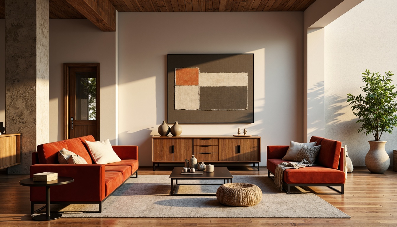 Prompt: Mid-century modern living room, warm wooden floors, plush velvet sofas, sleek metal coffee tables, rich walnut cabinets, minimalist decor, natural textiles, woven baskets, ceramic vases, abstract artwork, geometric patterns, earthy color palette, soft warm lighting, shallow depth of field, 3/4 composition, realistic textures, ambient occlusion.