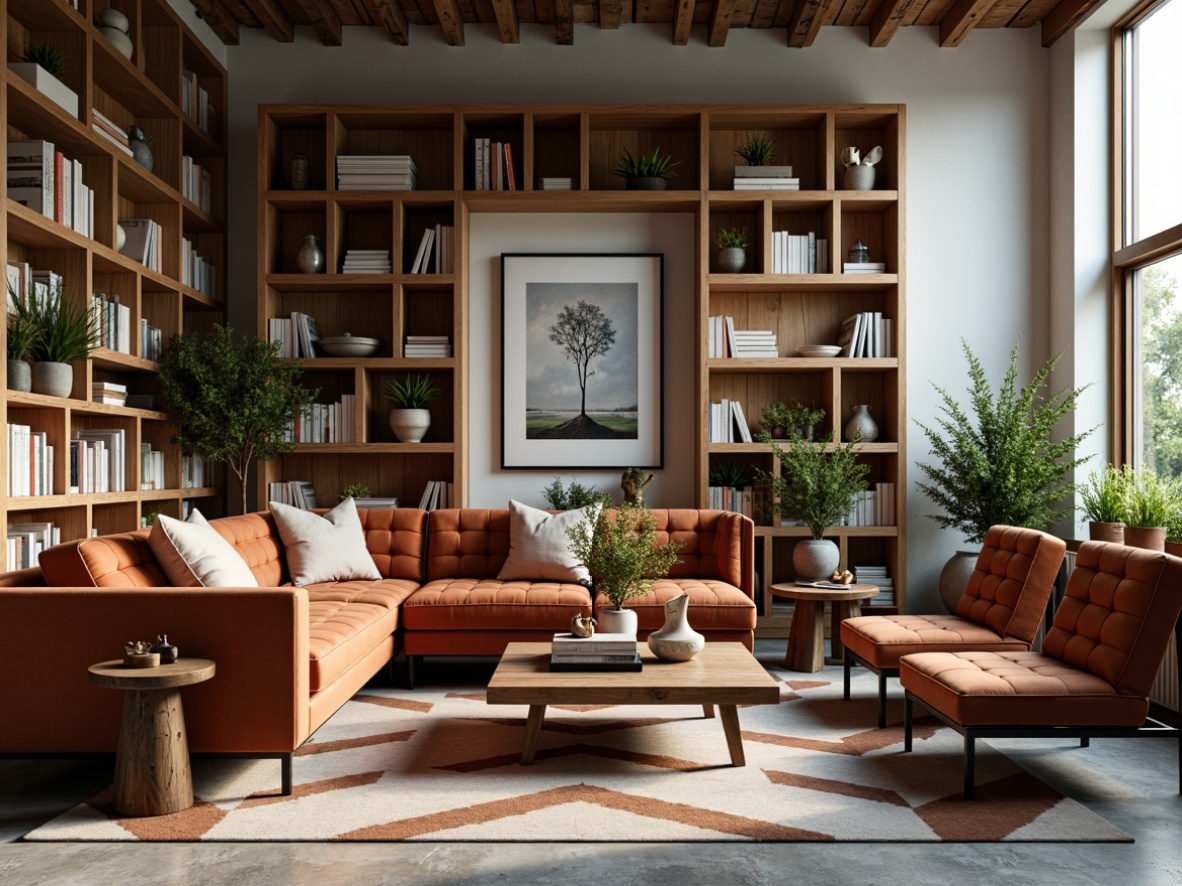 Prompt: Mid-century modern sofa, velvet upholstery, tufted buttons, wooden legs, minimalist coffee table, industrial metal chairs, reclaimed wood accents, natural stone flooring, earthy color palette, soft warm lighting, shallow depth of field, 3/4 composition, realistic textures, ambient occlusion, cozy reading nook, floor-to-ceiling bookshelves, geometric patterned rug, modern abstract artwork.