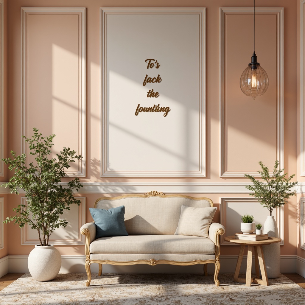 Prompt: Soft peach walls, creamy whites, warm beige accents, rich wood tones, subtle gold metallic, calming blues, muted sage greens, delicate florals, elegant script typography, ornate wooden furniture, plush velvet upholstery, softbox lighting, shallow depth of field, 2/3 composition, atmospheric perspective, realistic textures, ambient occlusion.